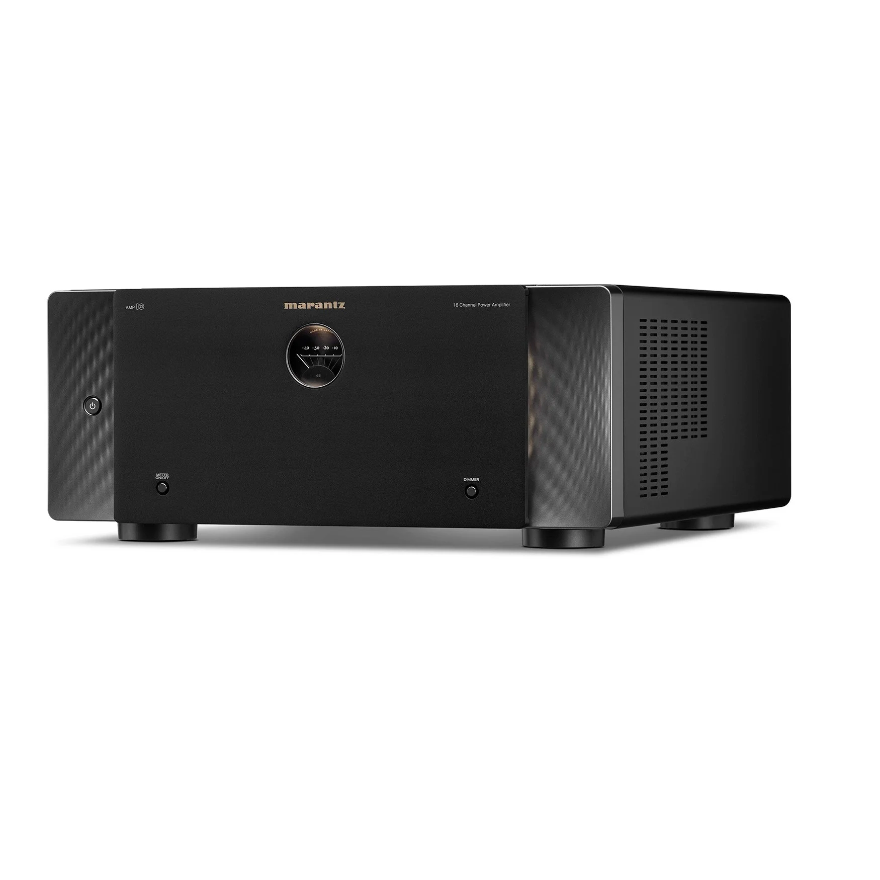 Angled view of the Marantz AMP 10 multichannel power amplifier.