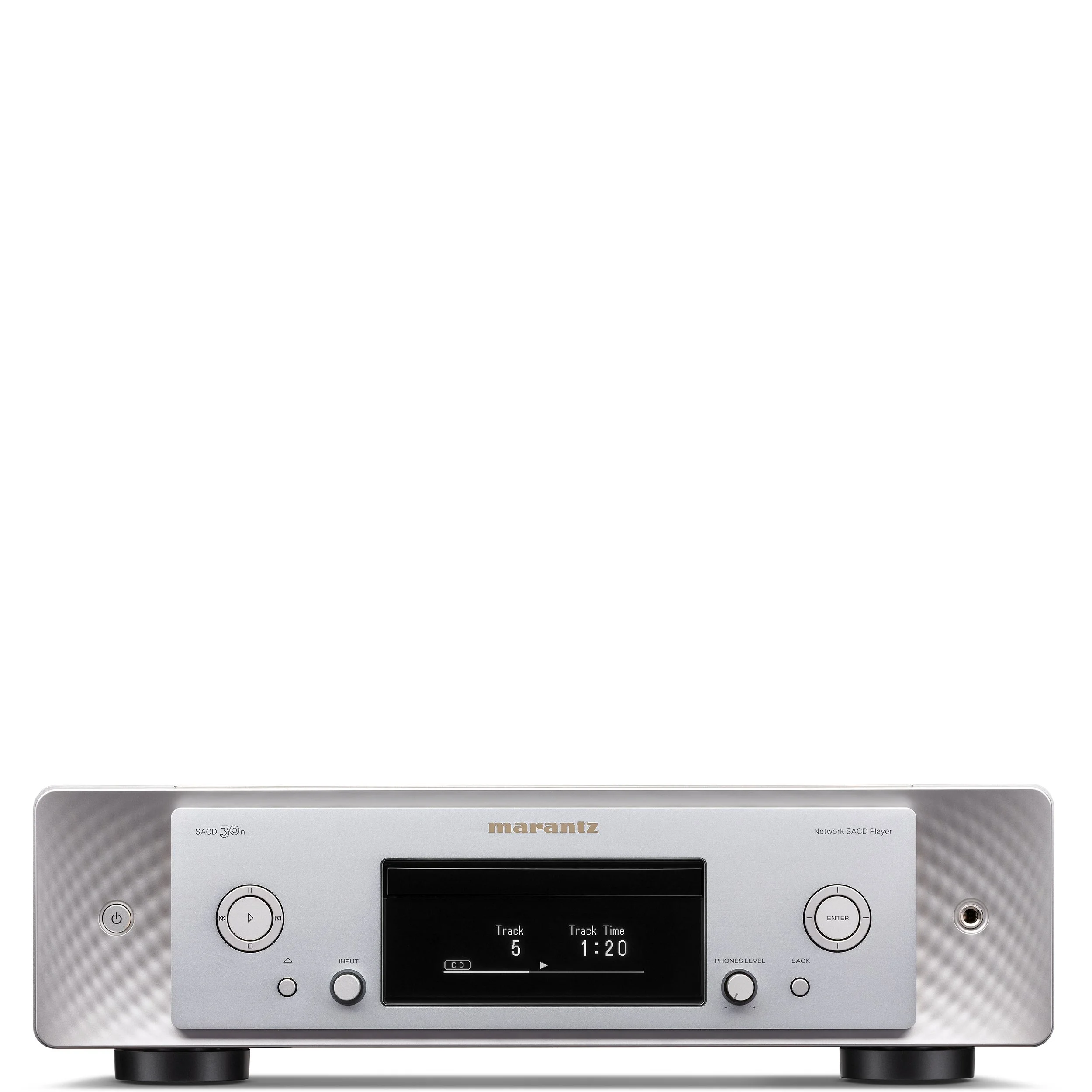 Front view of the Marantz SACD 30n streaming SACD and CD player in silver.