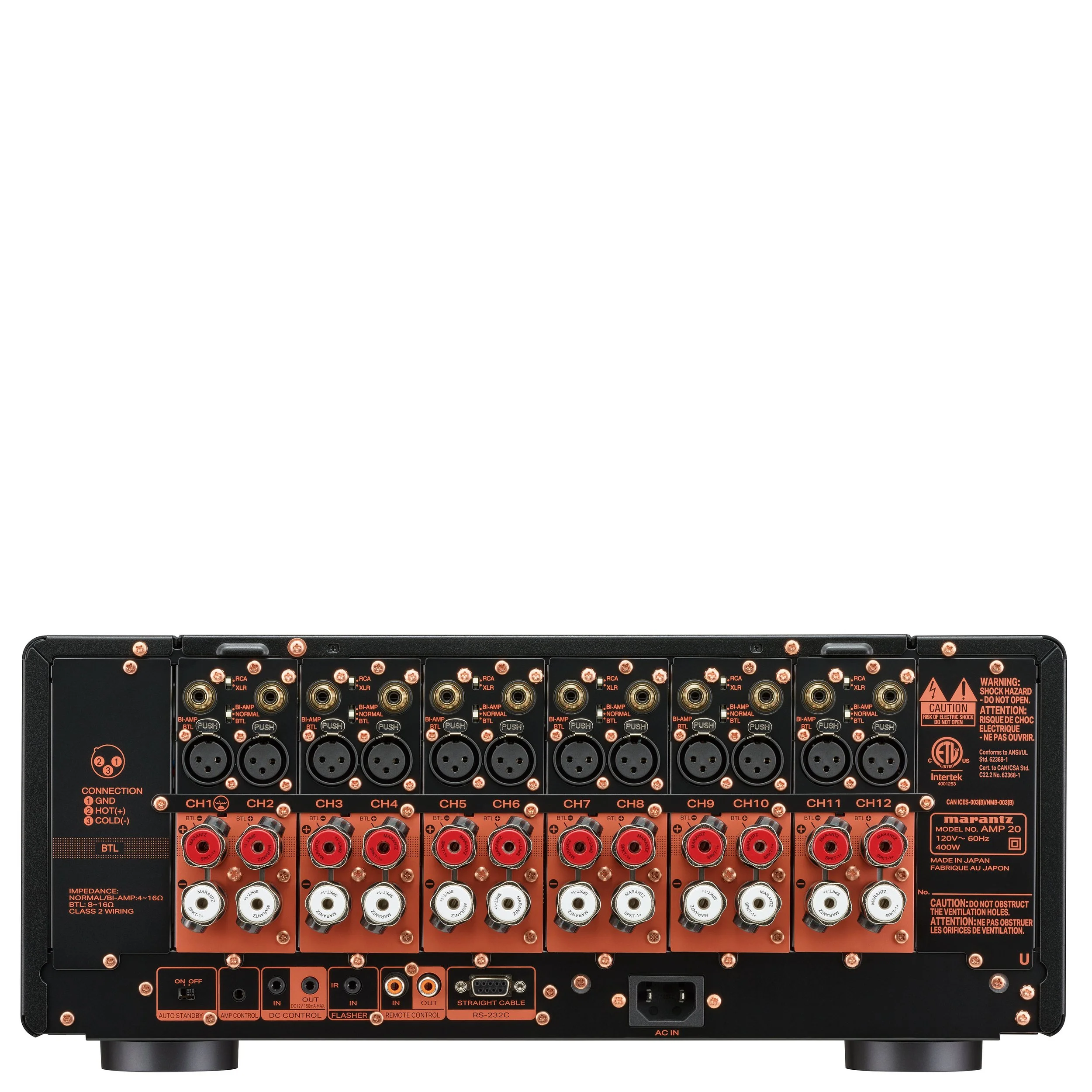 Back view of the Marantz AMP 20 showing analog and speaker connections.