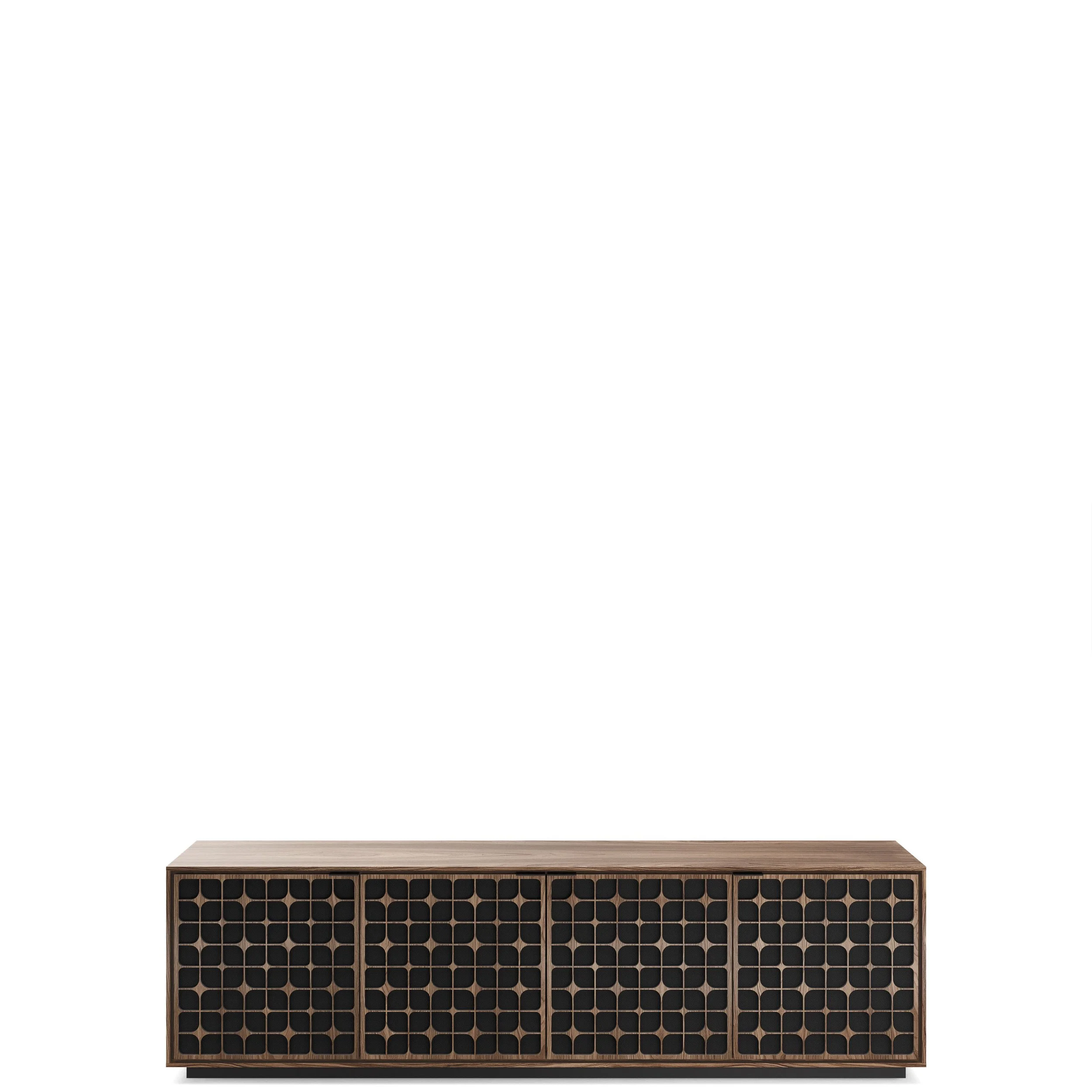 BDI Elements 8703-CS media cabinet shown in natural walnut.