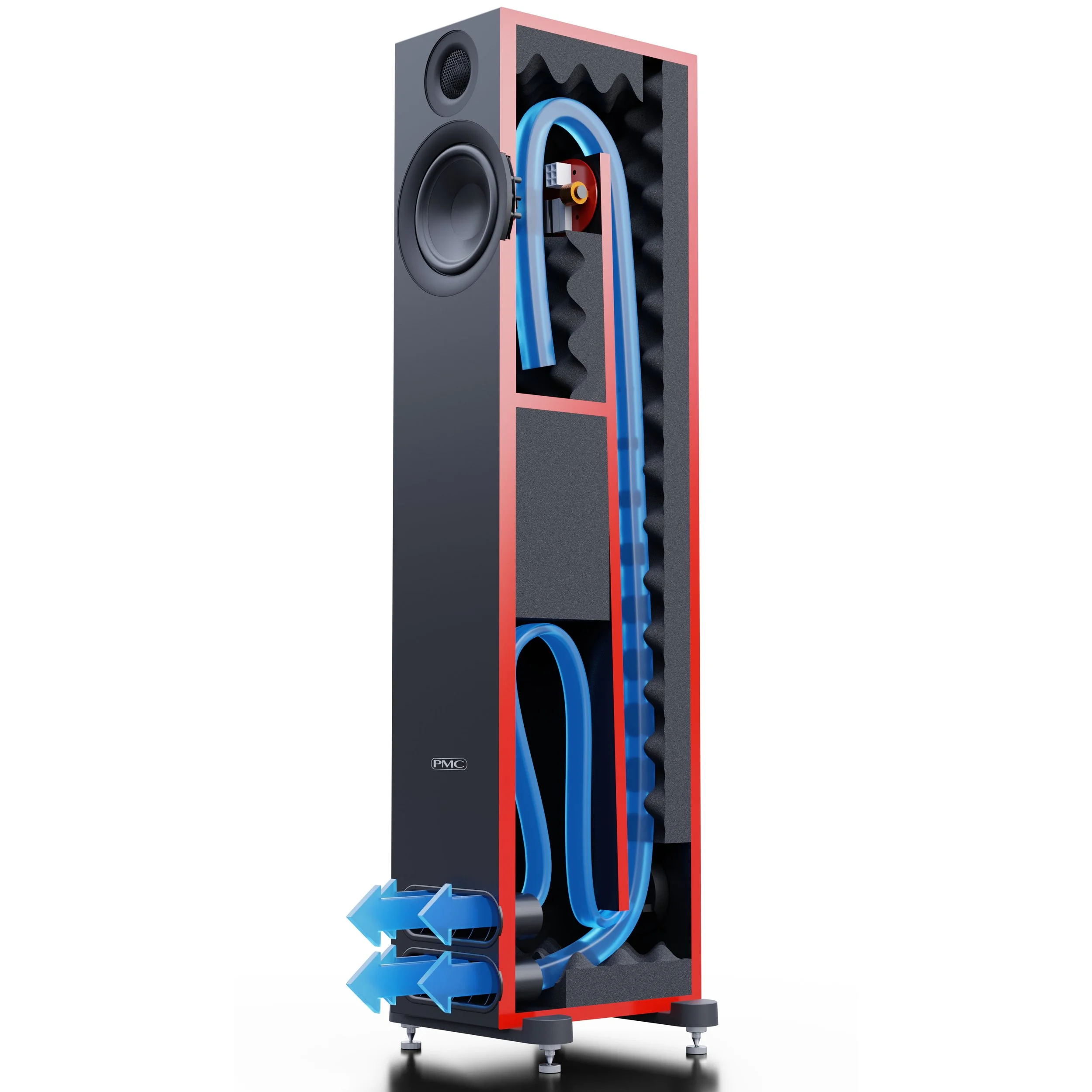 Cutaway view of the PMC prodigy5 floorstanding speaker showing transmission line bass loading.