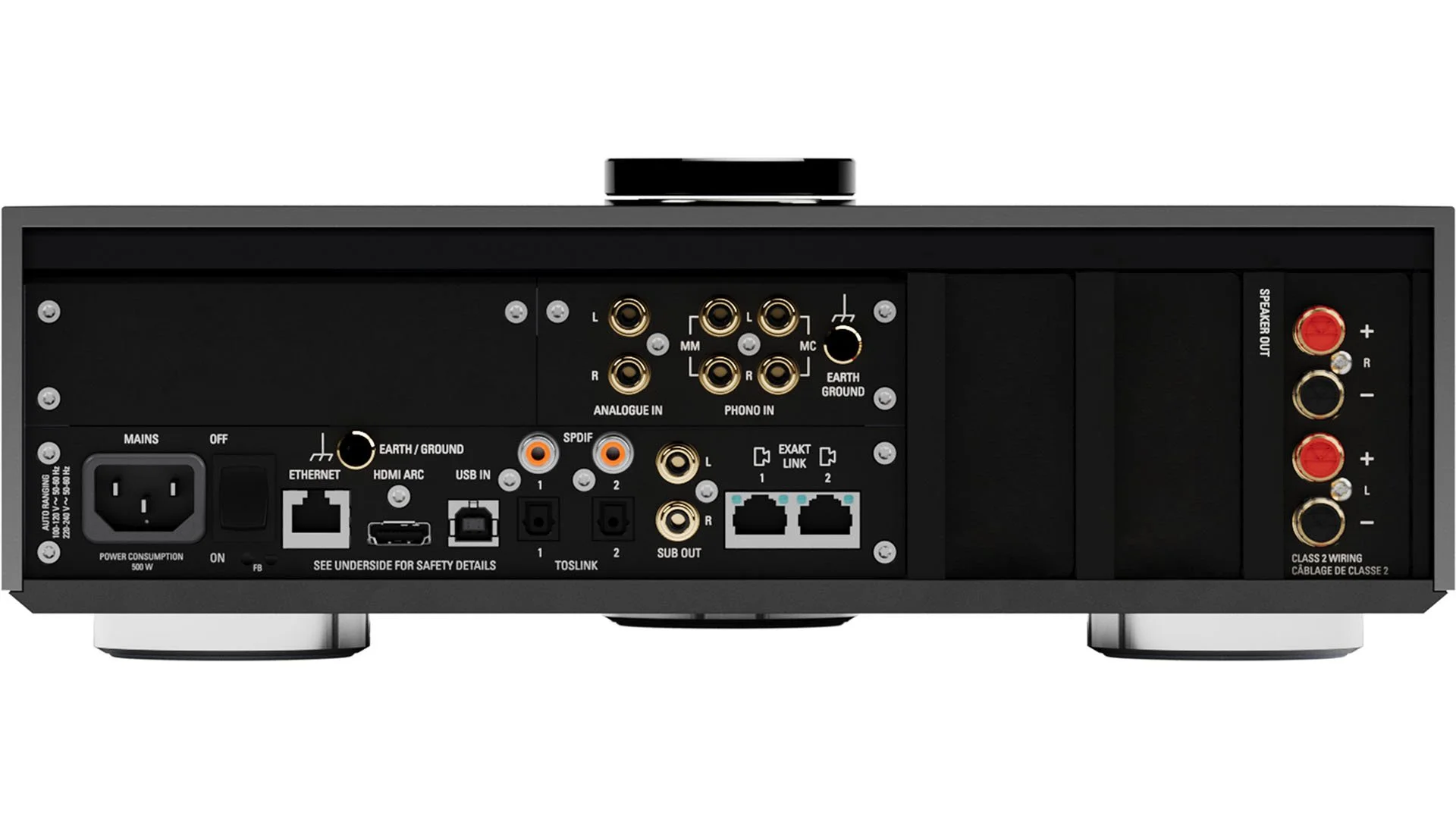 Back view of the Linn Selekt DSM Hub shown with one stereo power amplifier module installed.
