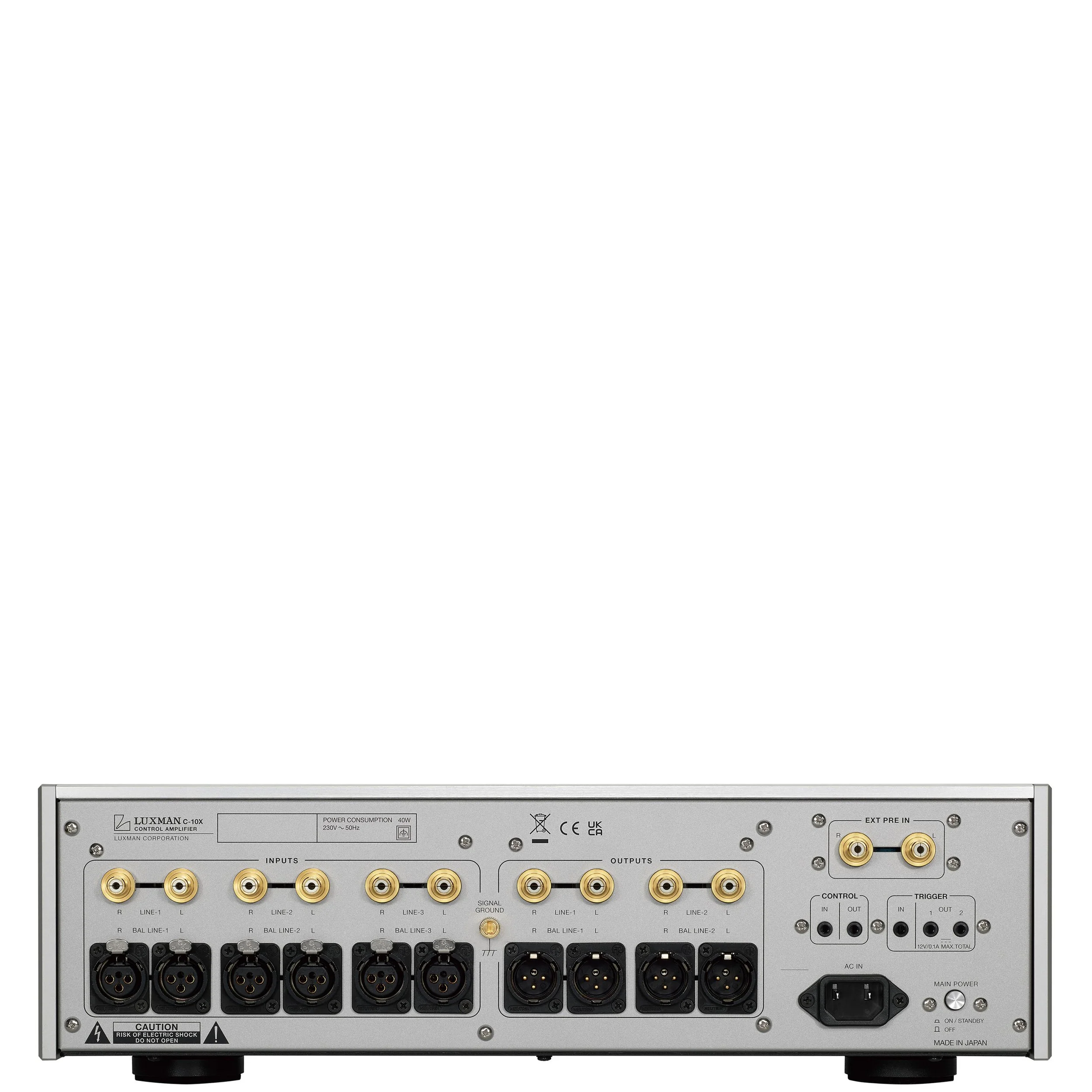 Back panel view of the Luxman C-10X showing RCA and XLR connections.
