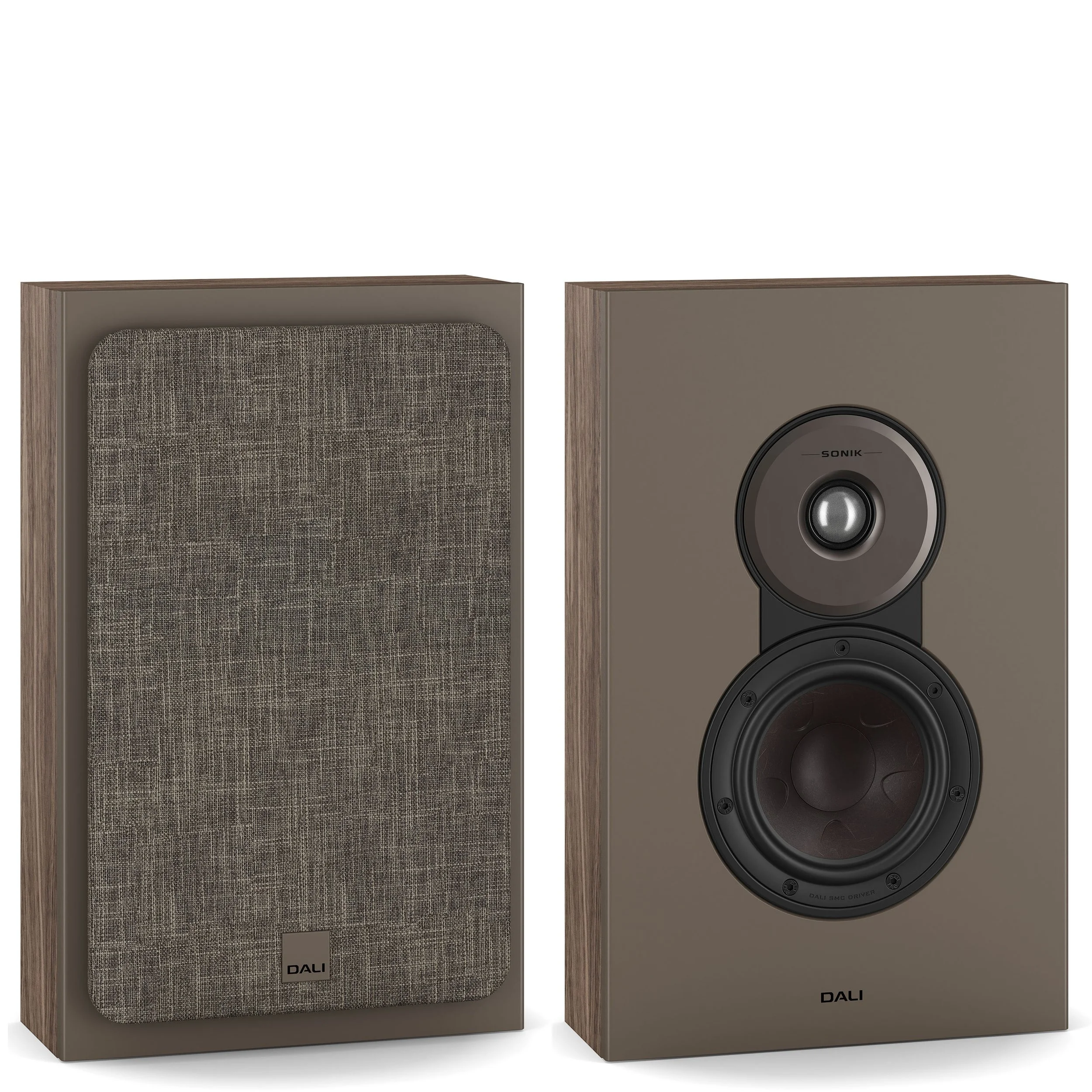DALI Sonik On-wall speakers shown in walnut.