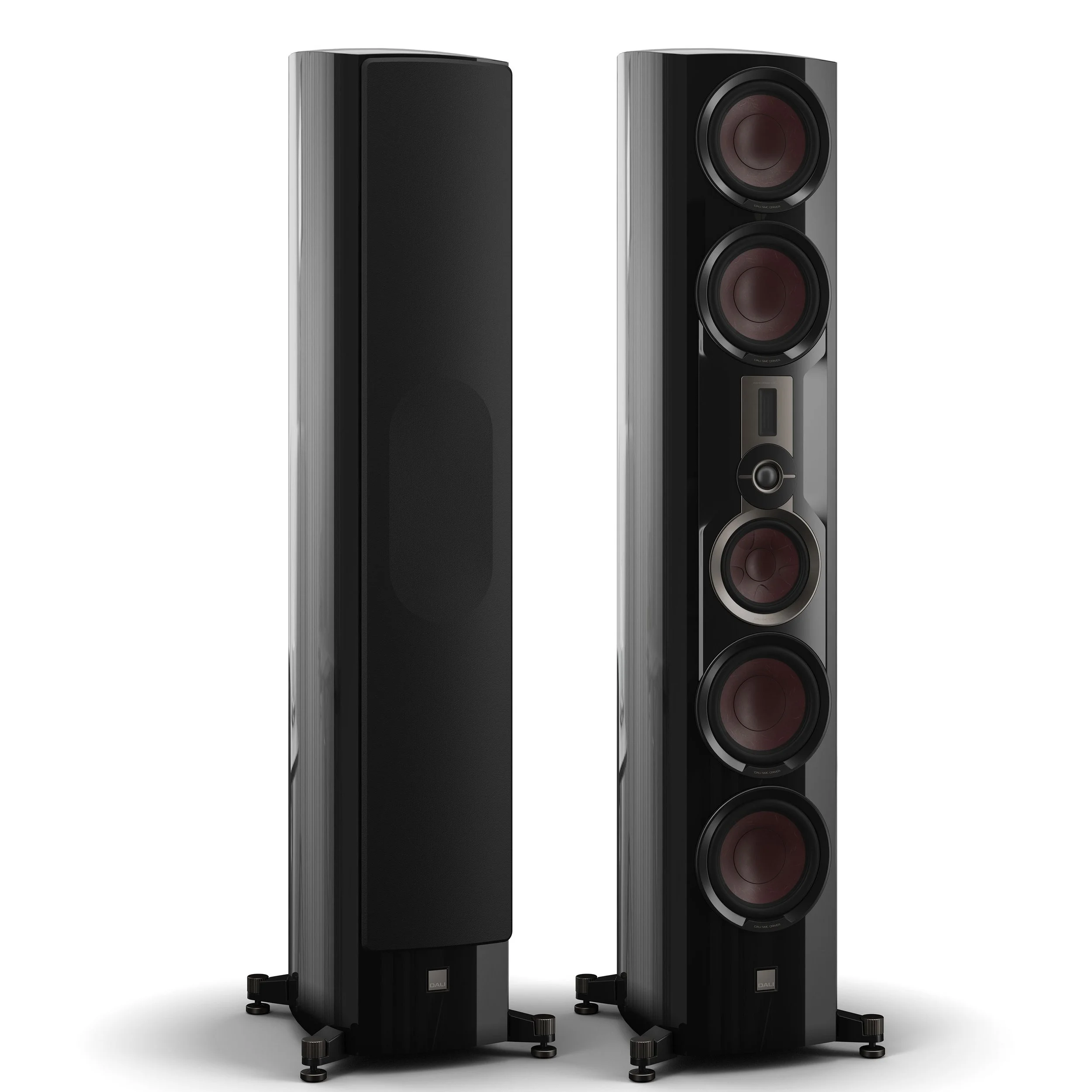 DALI Epikore 11 floorstanding speakers shown in high gloss black.