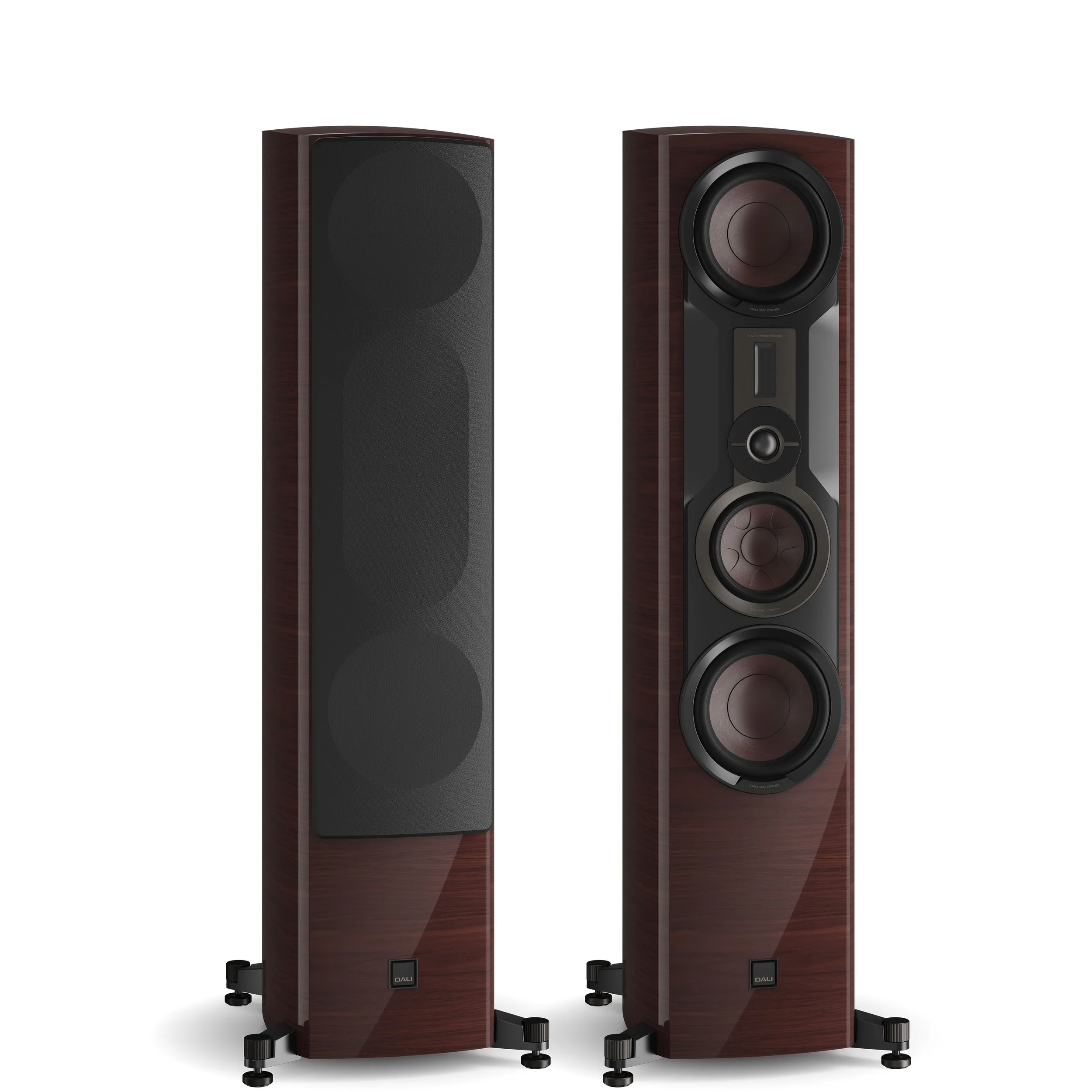 DALI Epikore 9 floorstanding speaker shown in high gloss maroon.