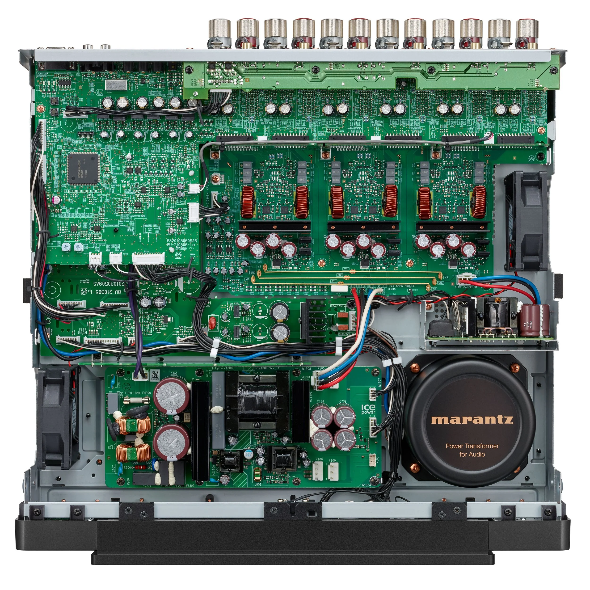 Inside view of the Marantz AMP 30 6-channel power amplifier.