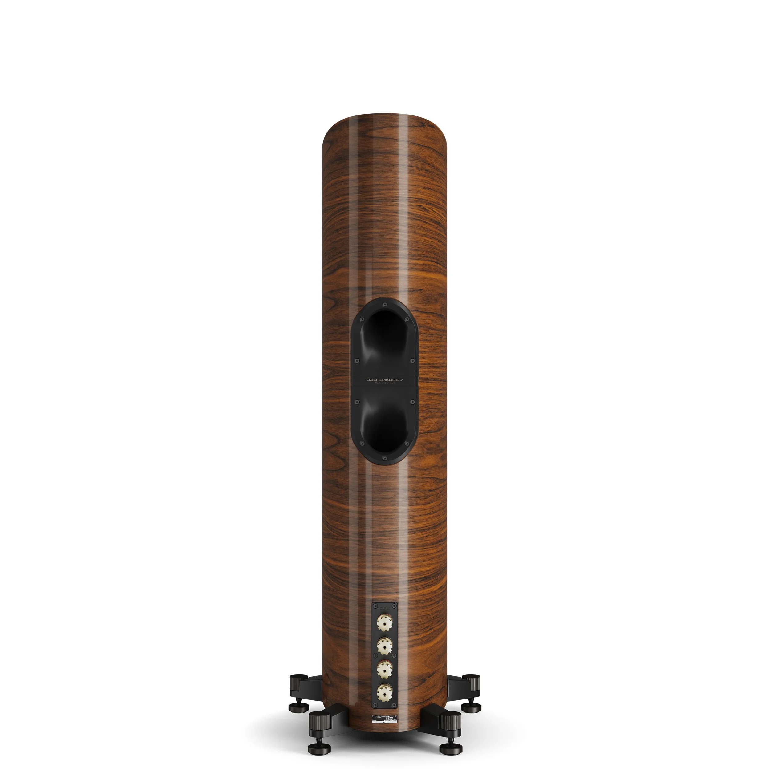 Back view of the DALI Epikore 7 floorstanding speaker showing rear ports and speaker connectors.