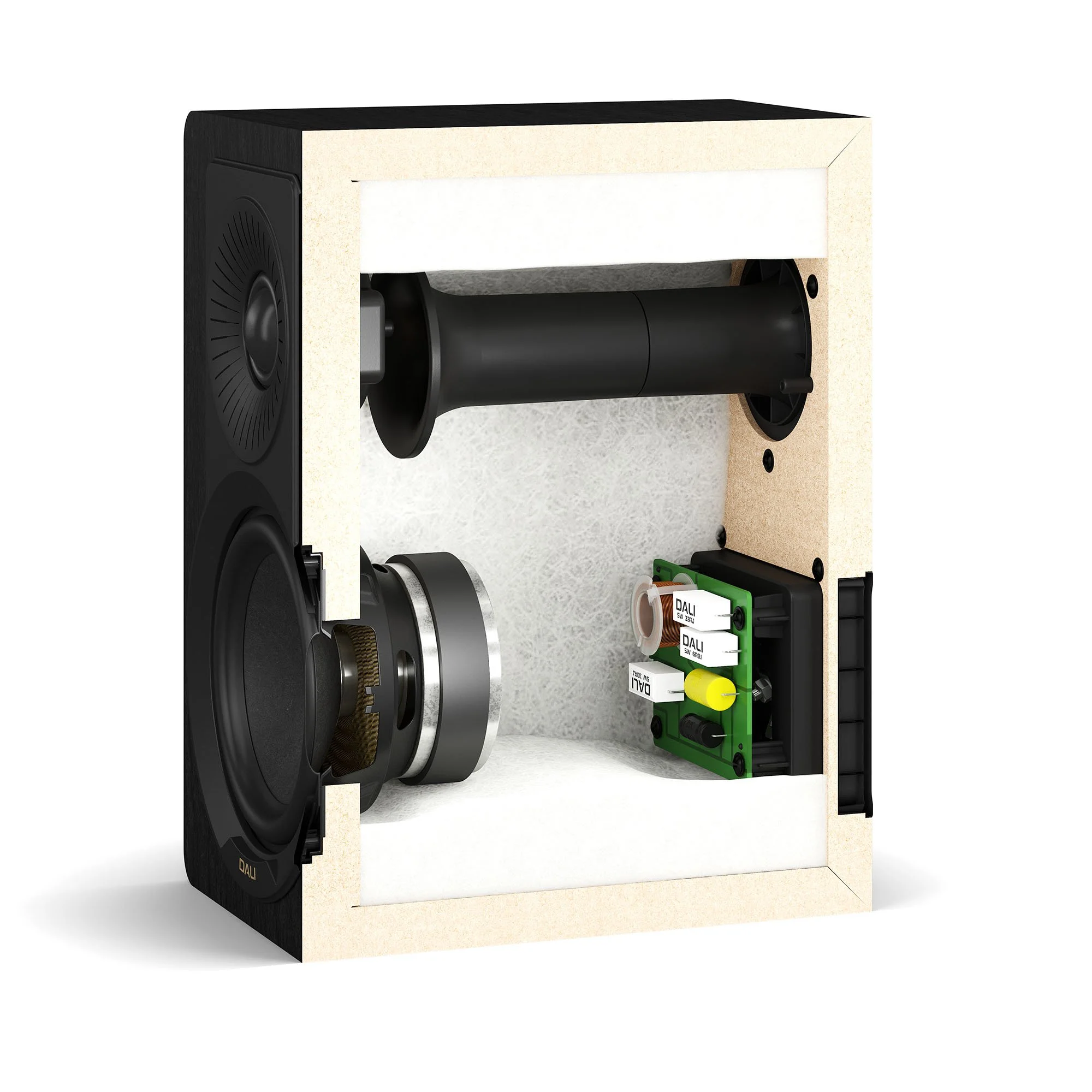 Cutaway view of the DALI Kupid bookshelf speaker showing internal design and crossover.