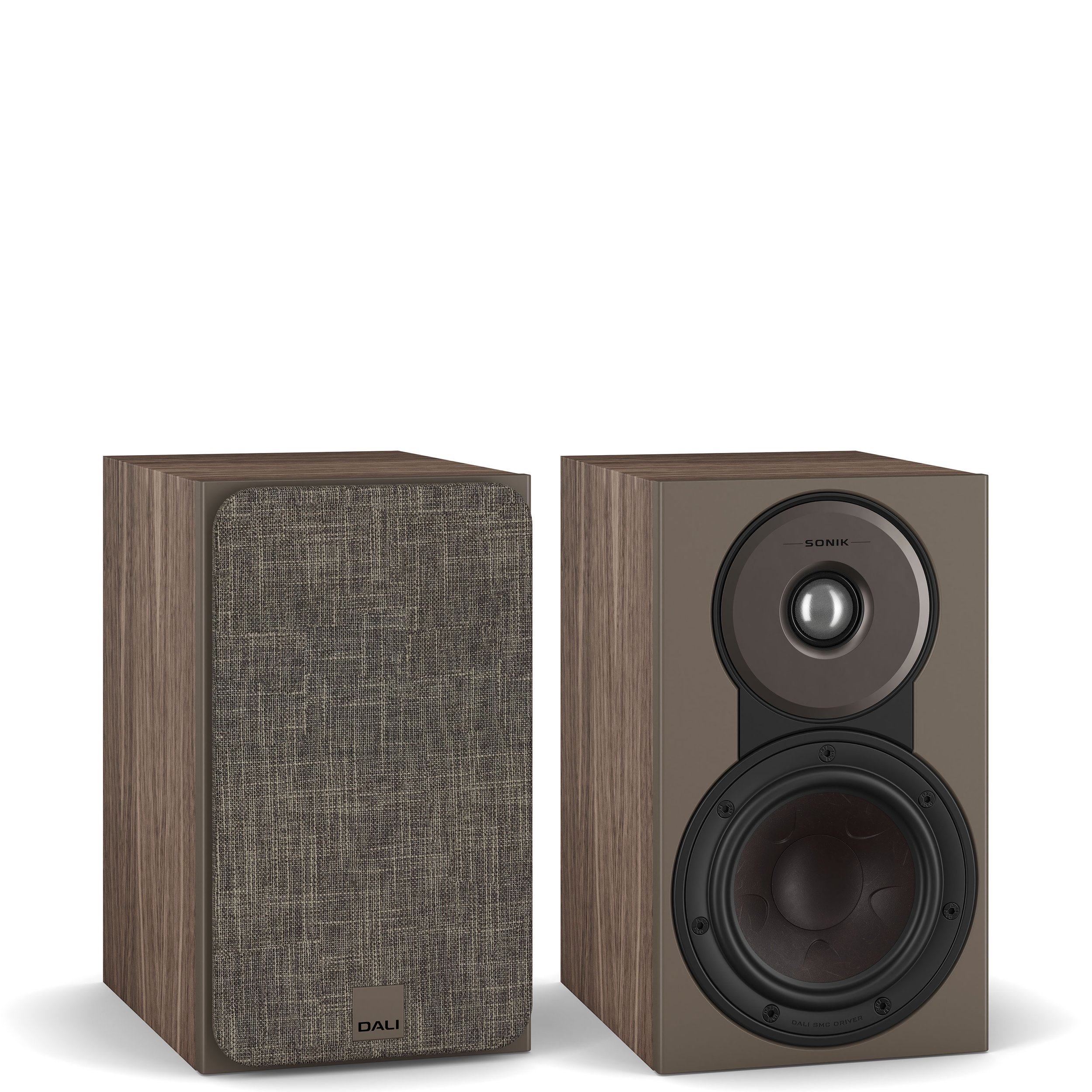 DALI Sonik 1 bookshelf speakers shown in walnut.