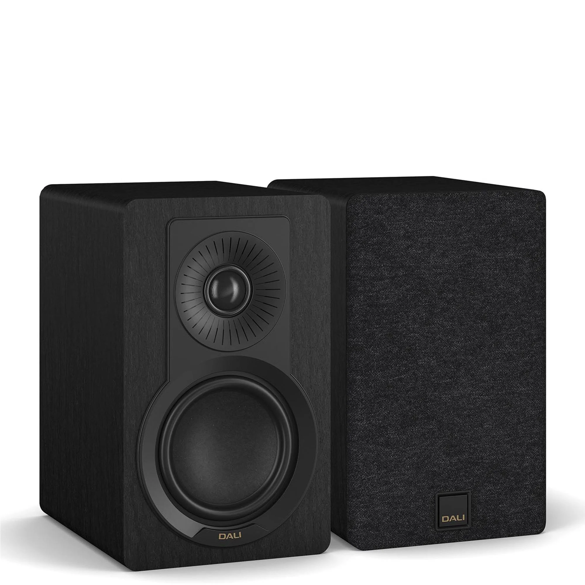 DALI Kupid ultra-compact bookshelf speakers shown in black ash.