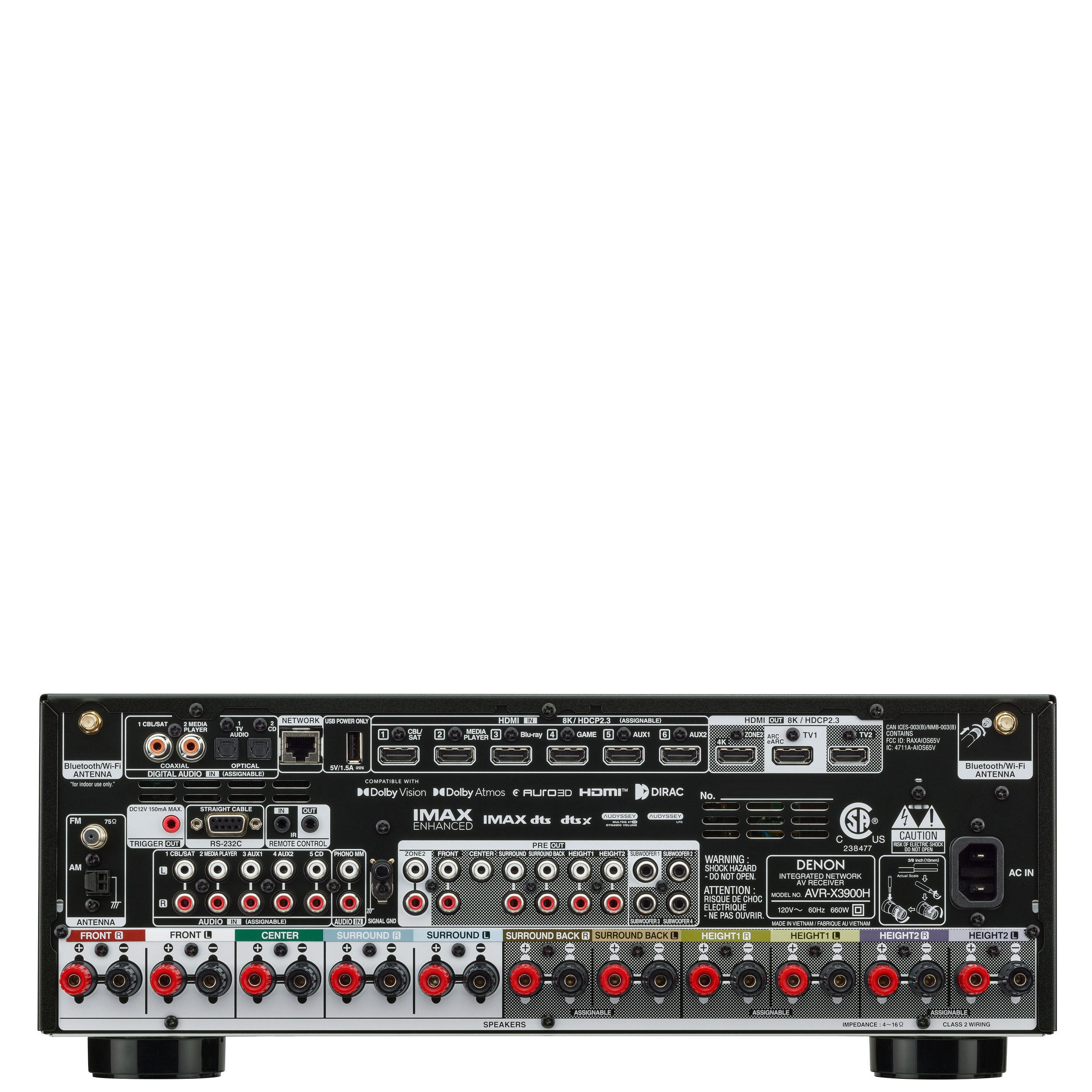 Back panel view of the Denon AVR-X3900H showing HDMI, digital, and speaker connections.
