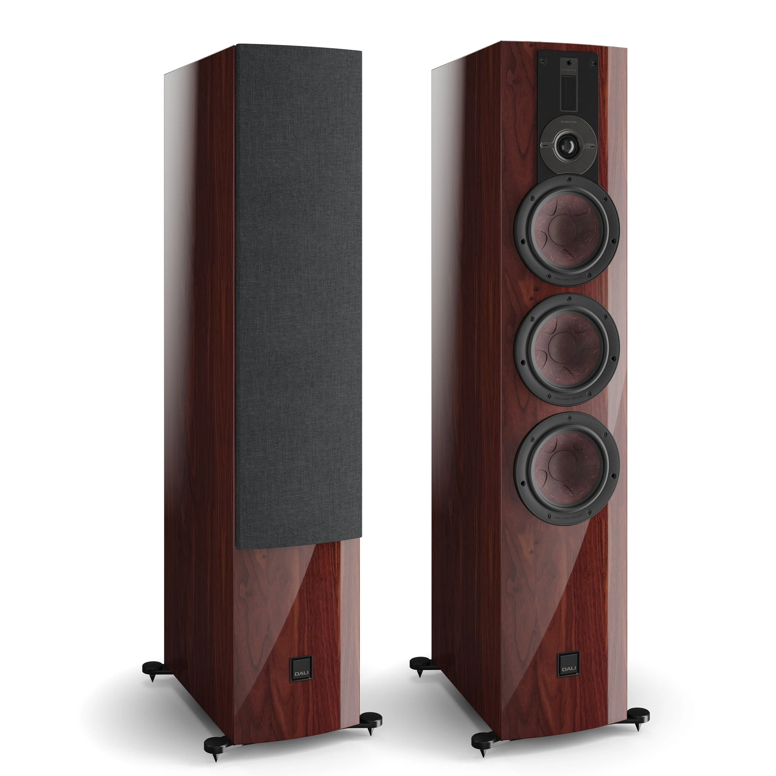 DALI Rubikore 8 floorstanding speakers shown in high gloss maroon.