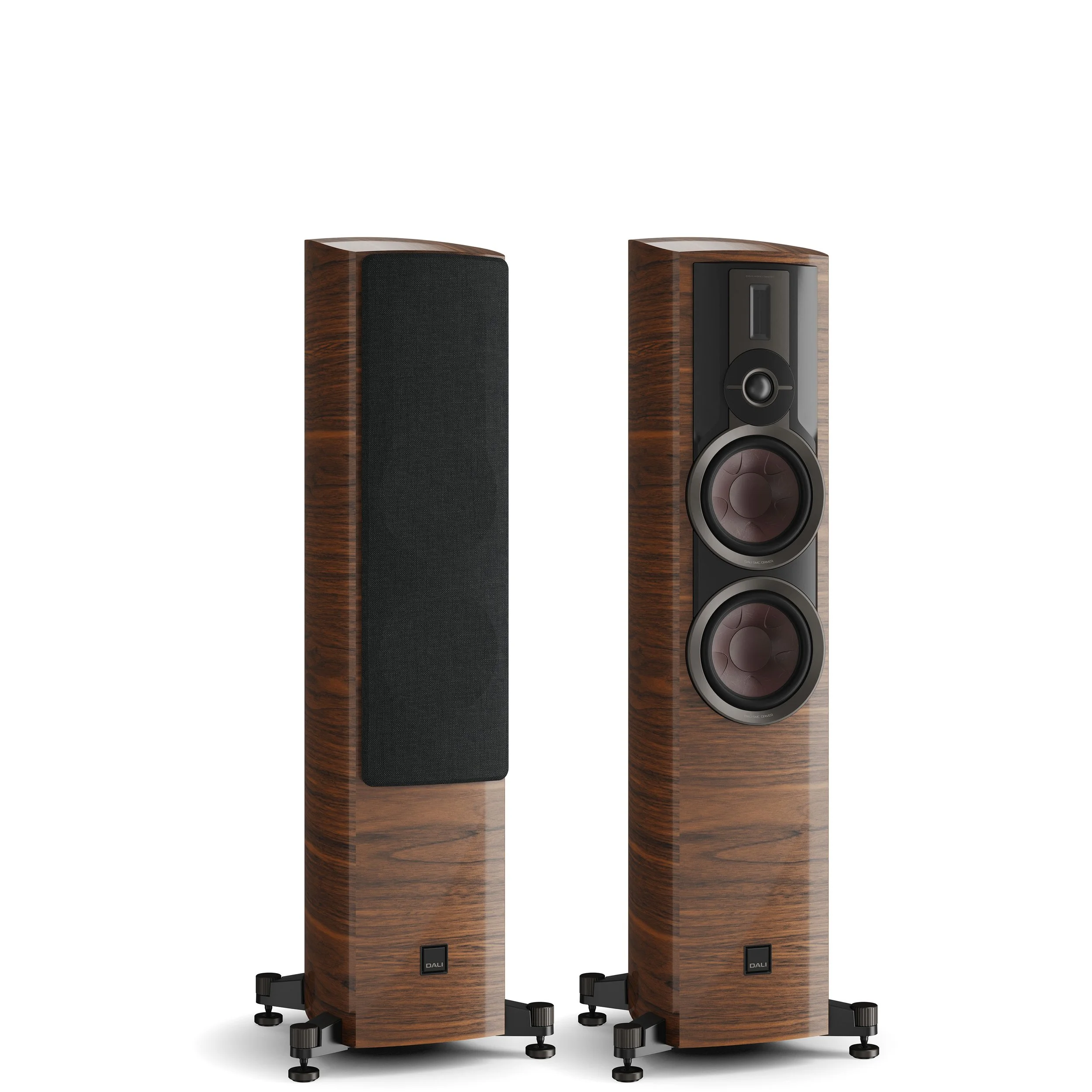 DALI Epikore 7 floorstanding speakers shown in high gloss walnut.