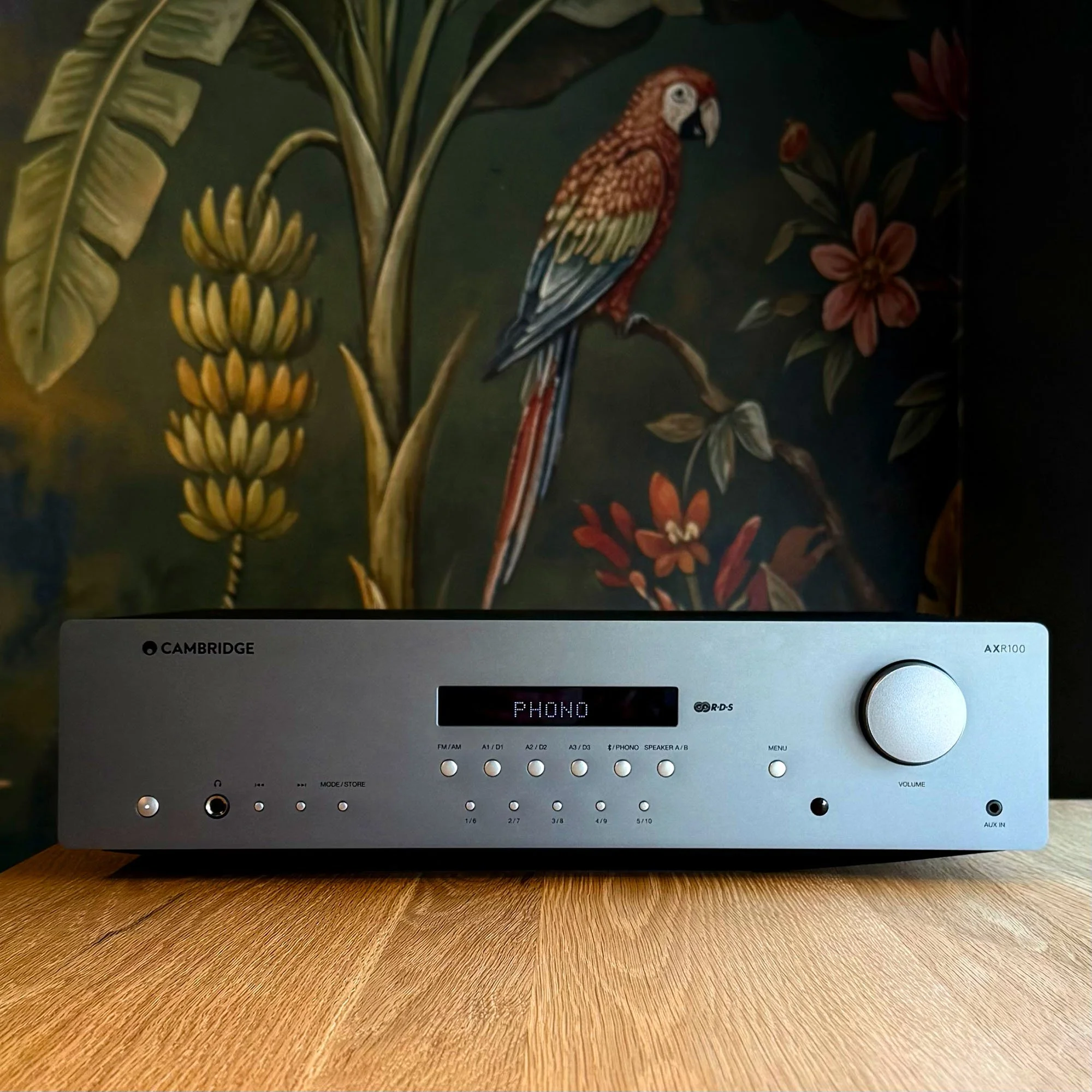 Used Cambridge Audio AXR100 stereo FM/AM receiver pictured in the Creative Audio showroom in Winnipeg.