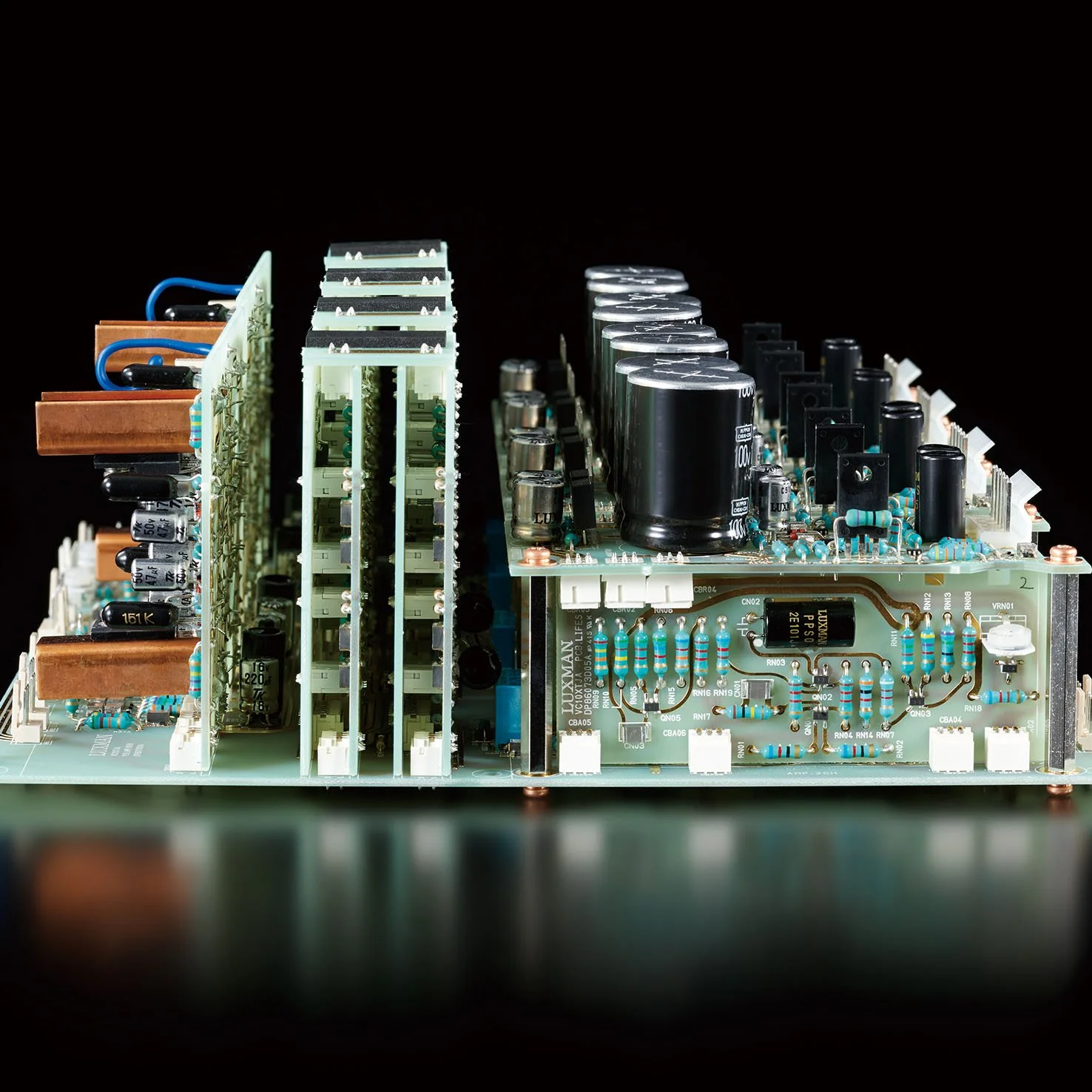 Close-up detail of circuitry in the Luxman C-10X preamplifier.