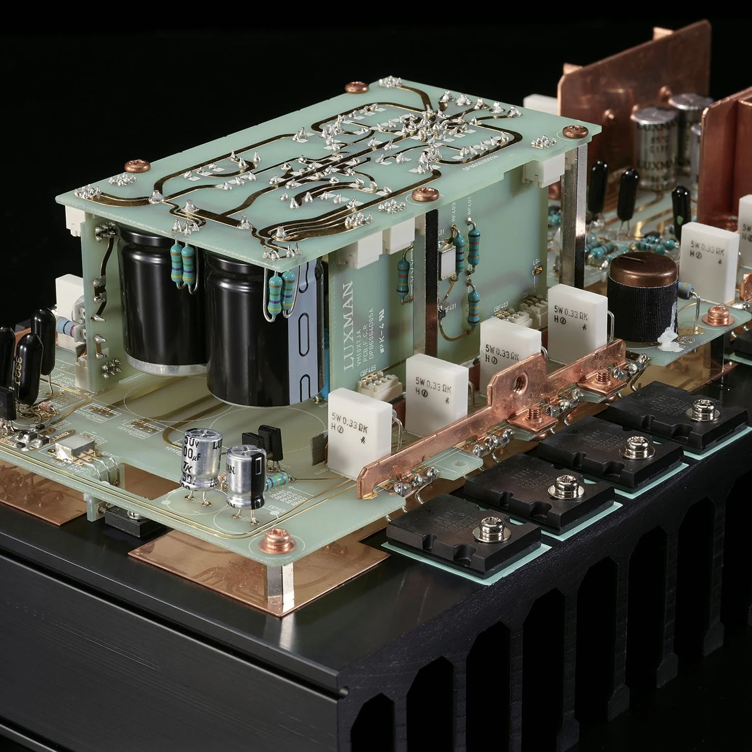 Close-up detail of the power amp circuit in the Luxman M-10X power amplifier.
