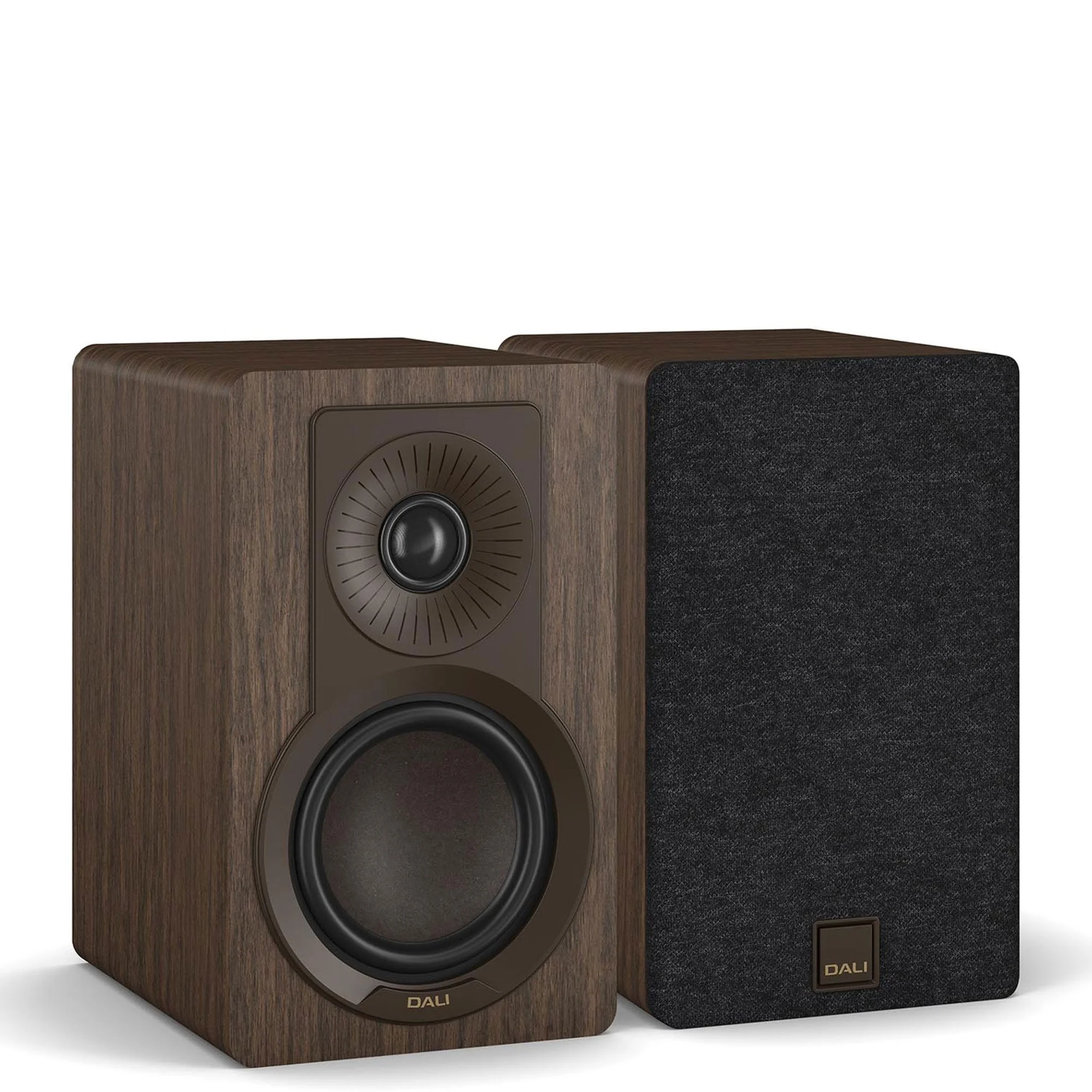 DALI Kupid bookshelf speakers shown in dark walnut.
