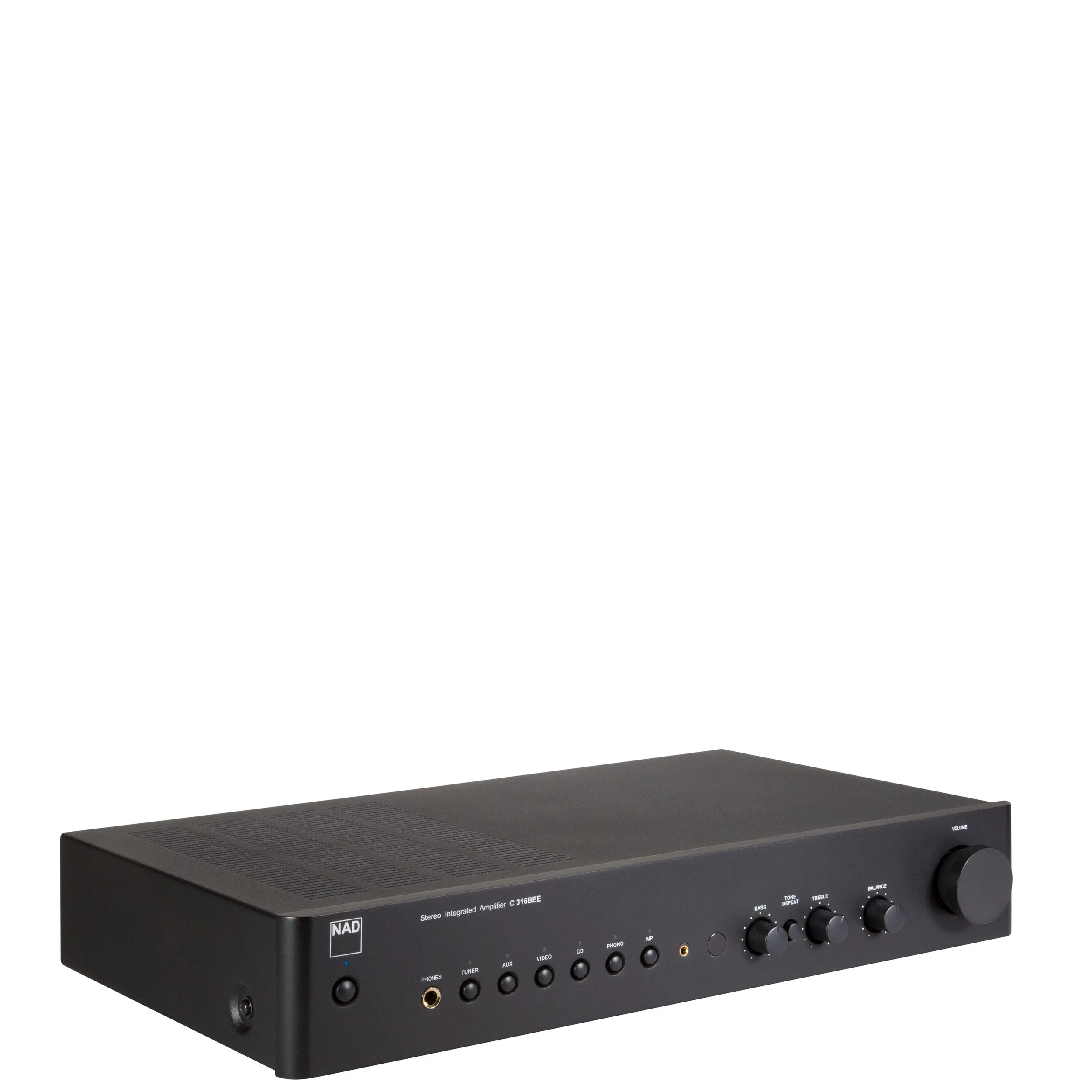Angled view of the NAD C 316BEE V2 stereo amplifier.