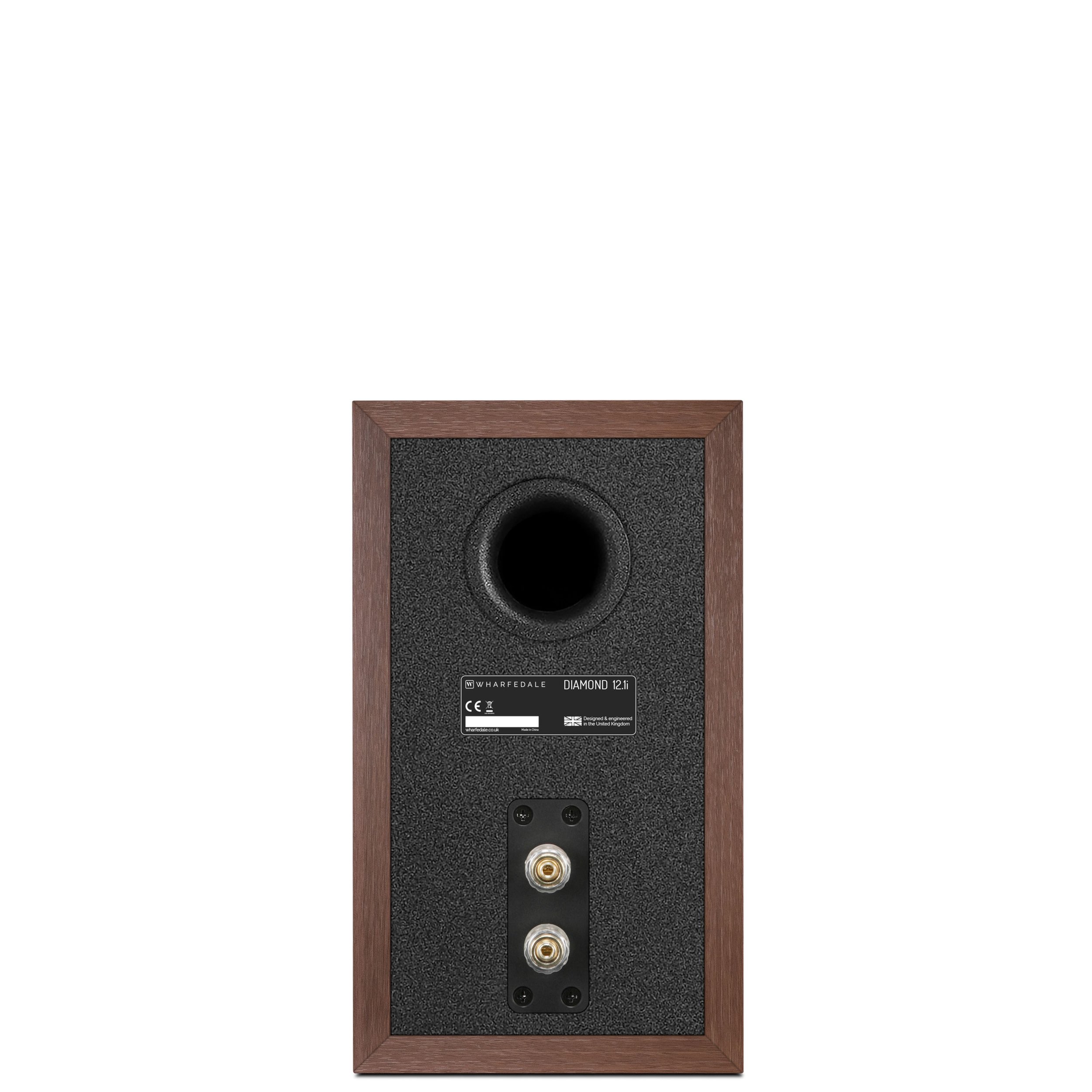 Back view of the Wharfedale Diamond 12.1i bookshelf speaker showing rear port and binding post connectors.