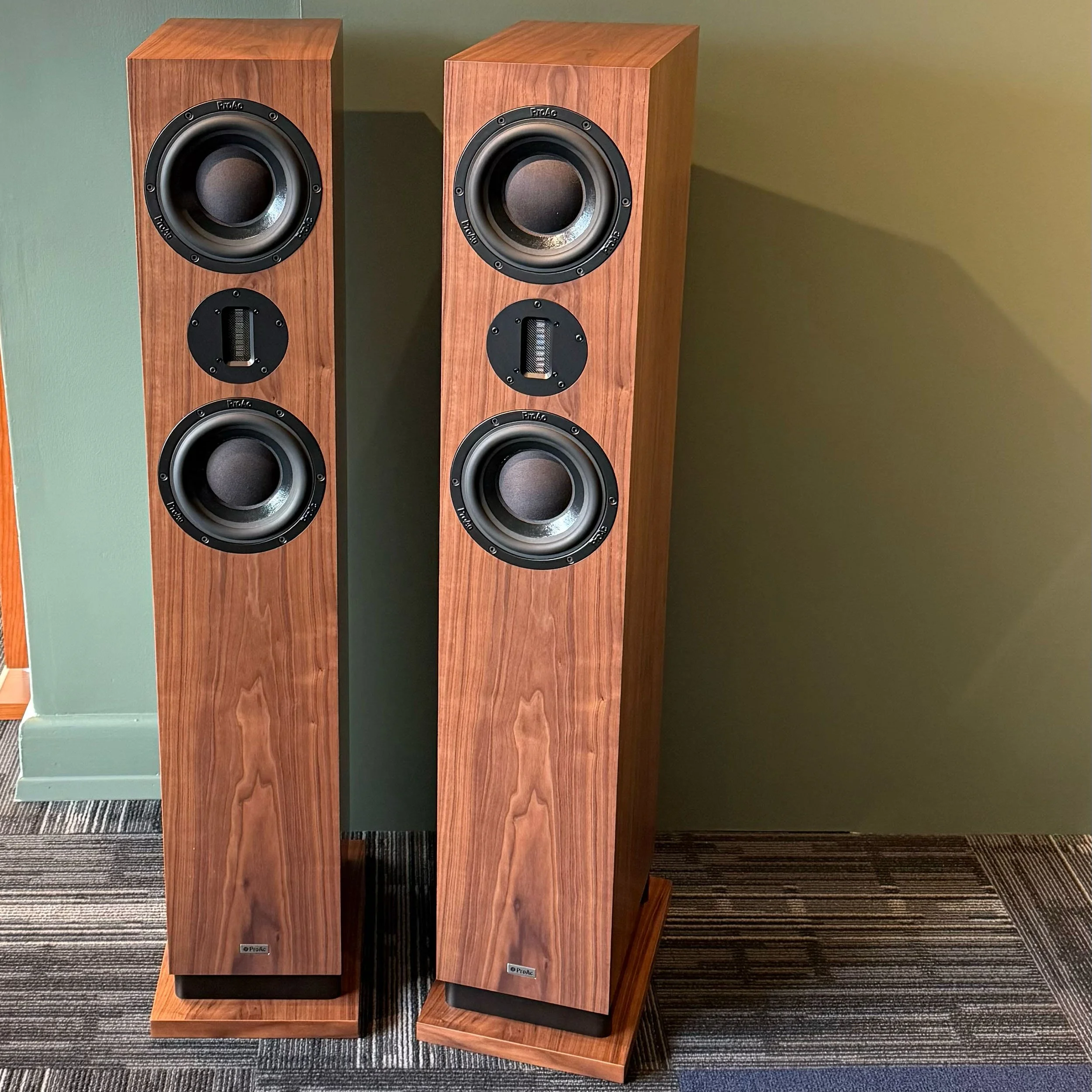 Used pair of ProAc Response D48R floorstanding speakers in walnut pictured in the Creative Audio showroom in Winnipeg.