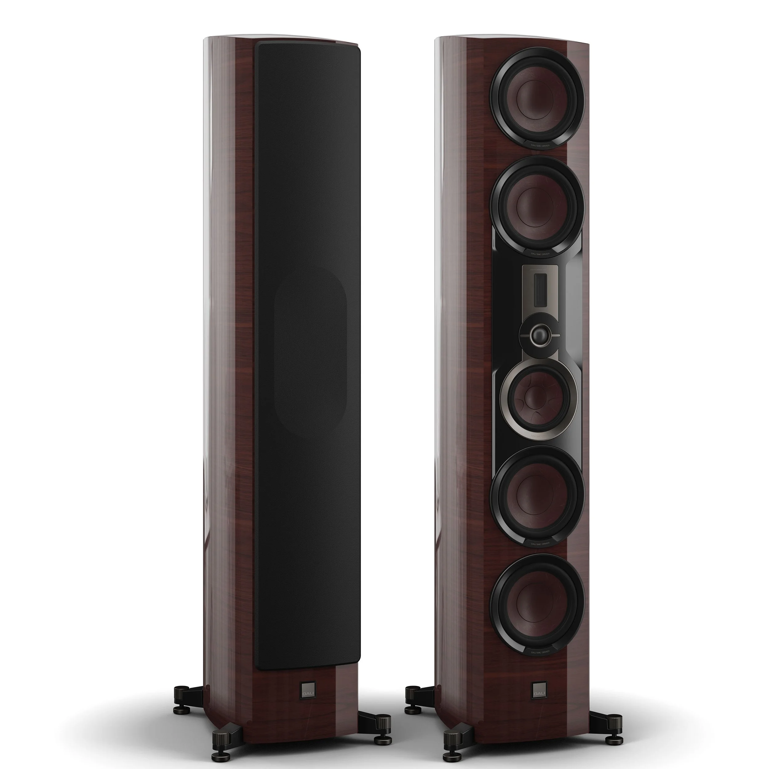 DALI Epikore 11 floorstanding speakers shown in high gloss maroon.
