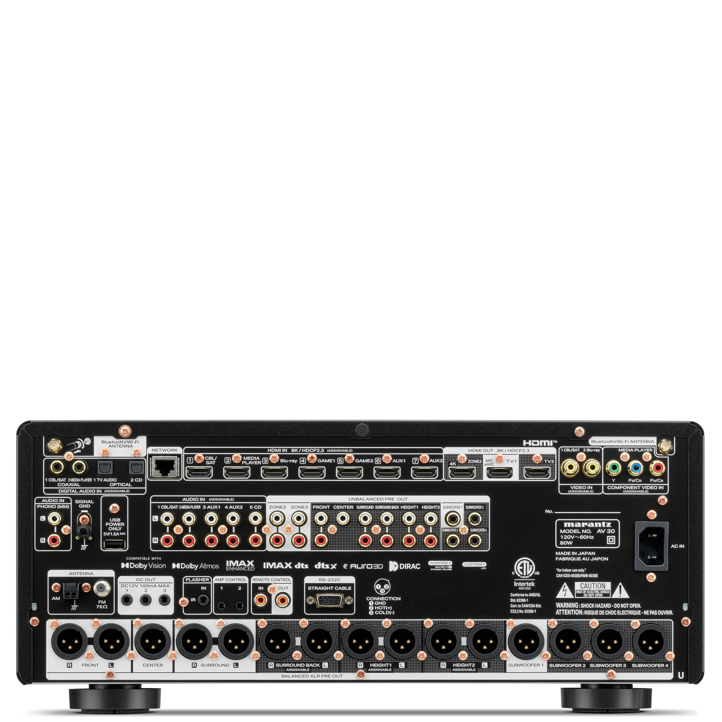 Back view of the Marantz AV 30 surround sound processor showing HDMI, digital, and analog connections.