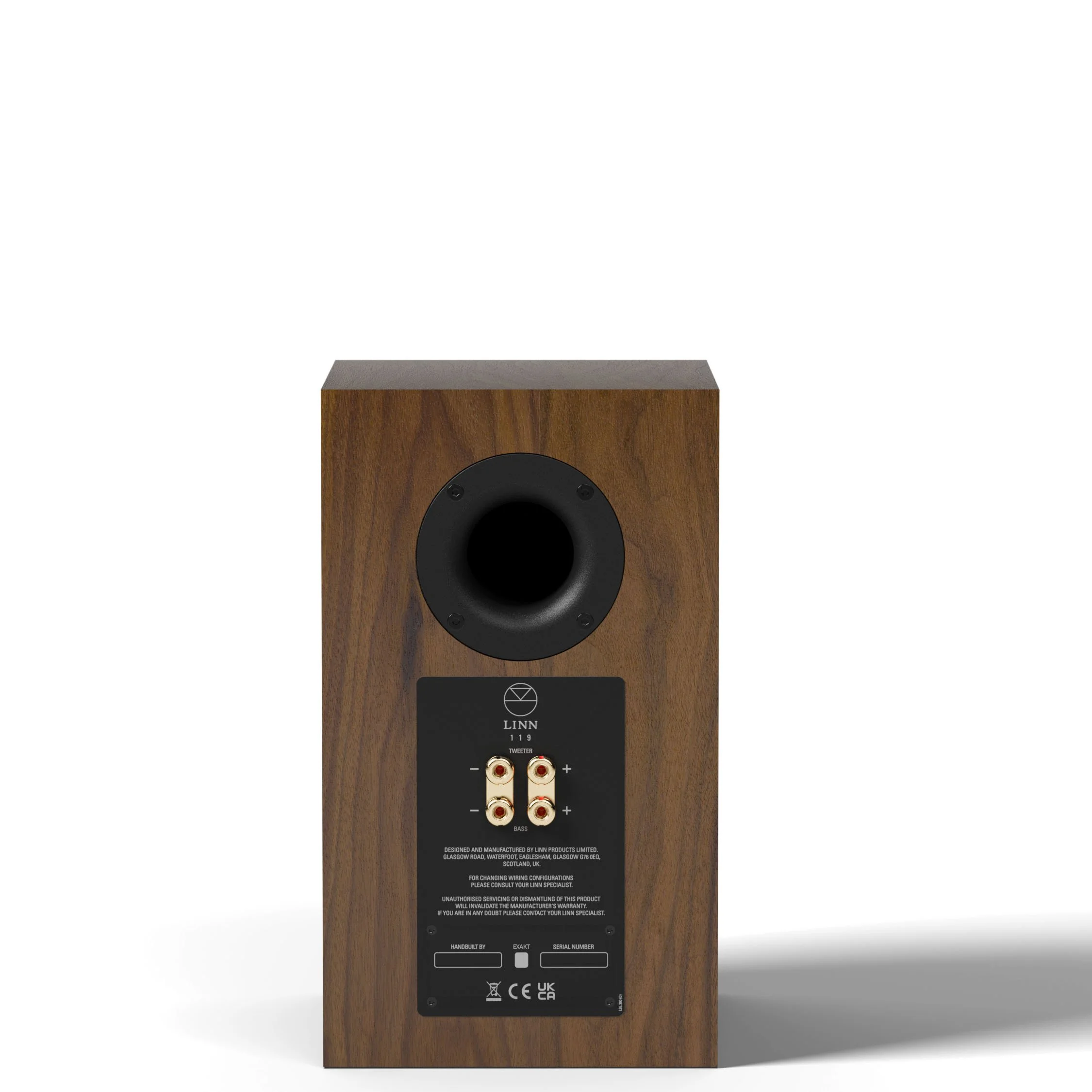 Rear view of the Linn 119 bookshelf speaker showing bi-wire connectors and rear port.