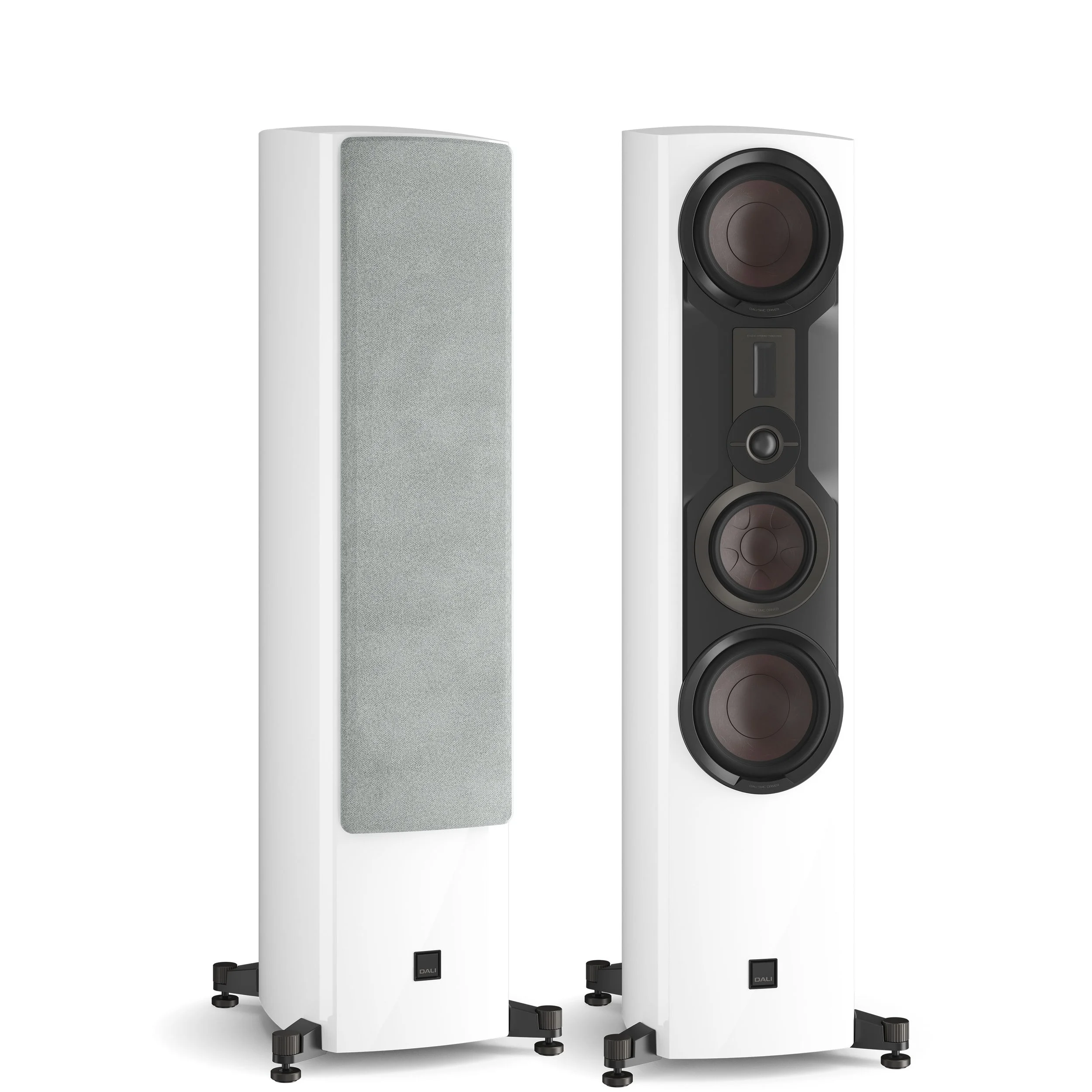 DALI Epikore 9 floorstanding speaker shown in high gloss white.