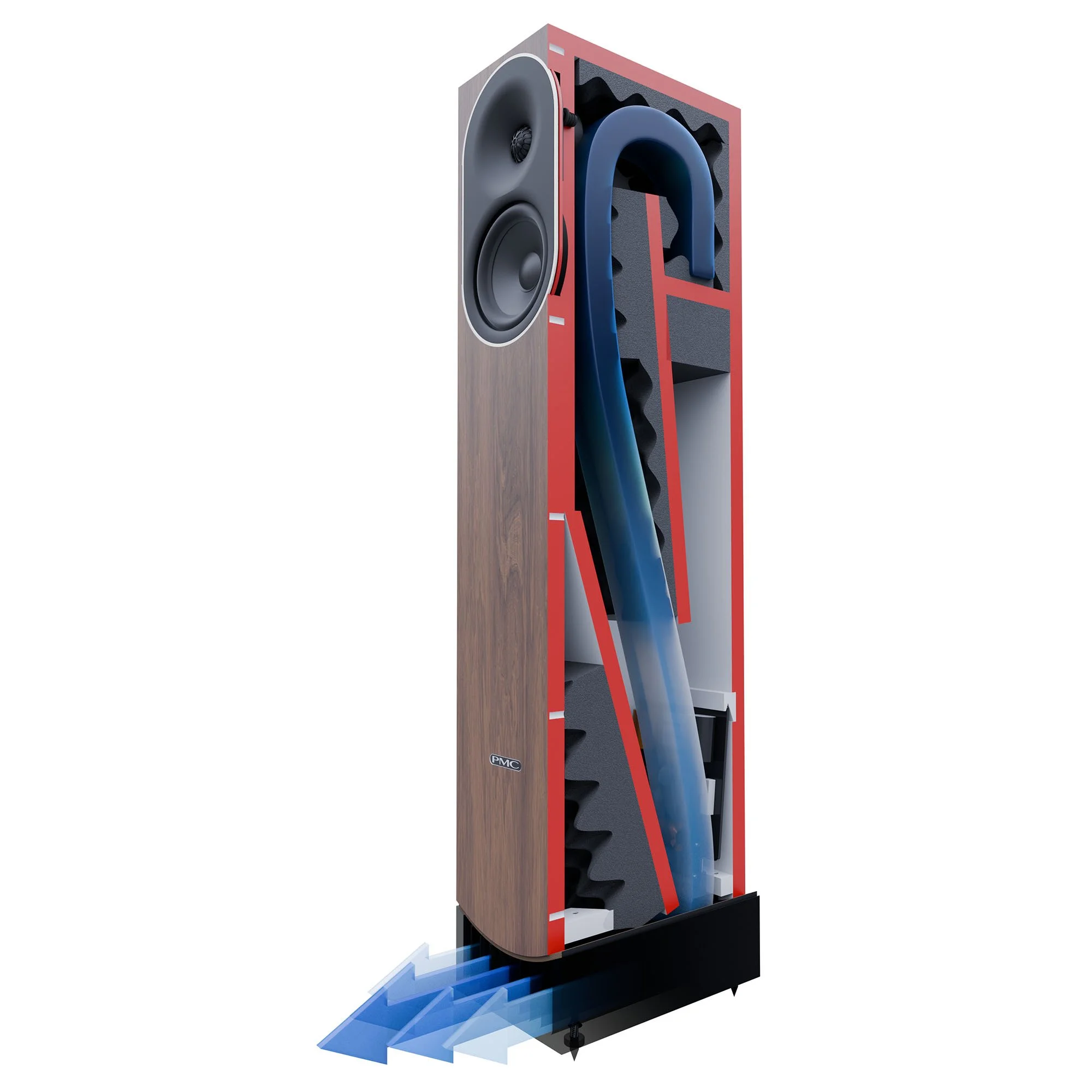 Cutaway of the PMC prophecy5 floorstanding speaker showing the Advanced Transmission Line bass loading.
