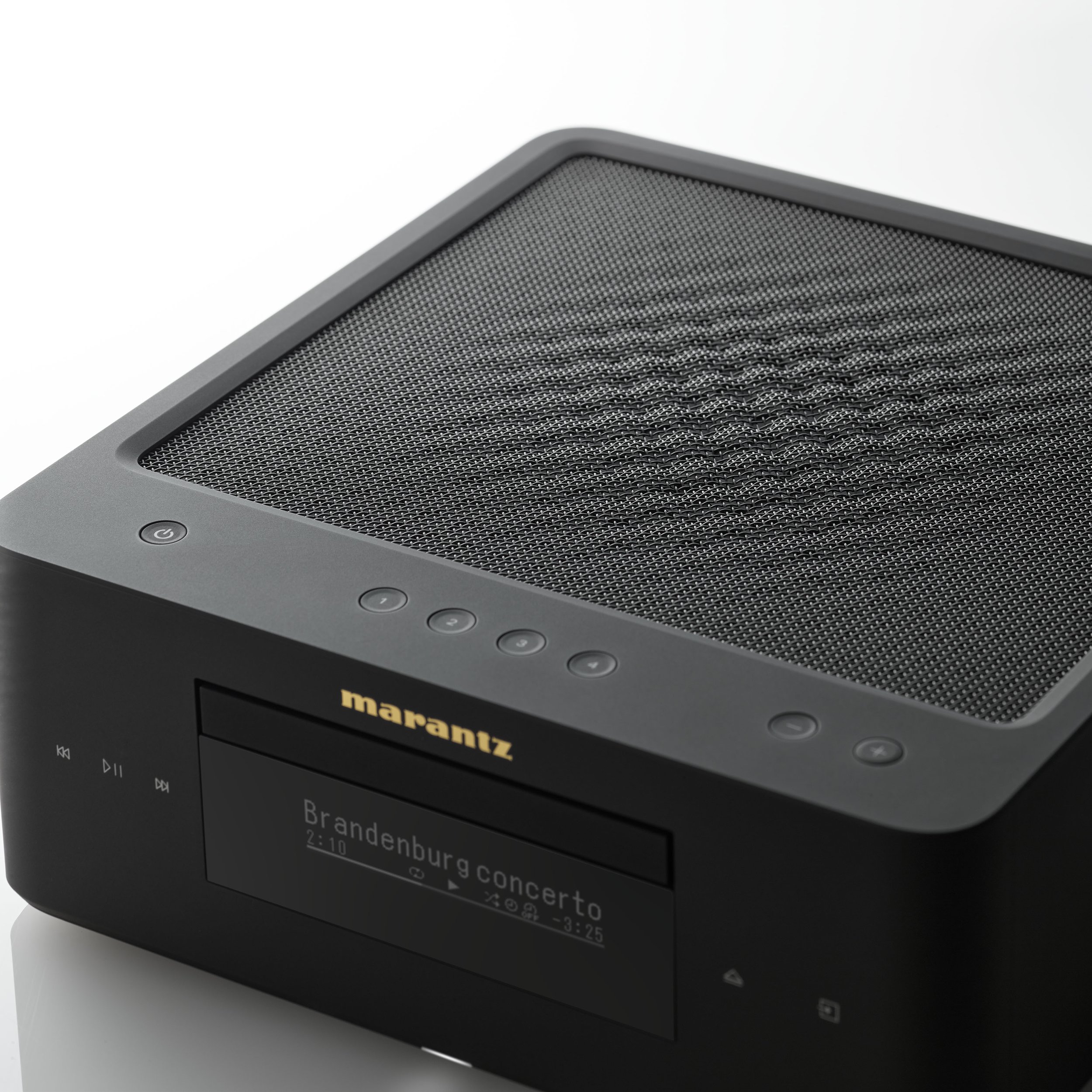 Top angled view of the Marantz MCR 60n mini-system showing control buttons.