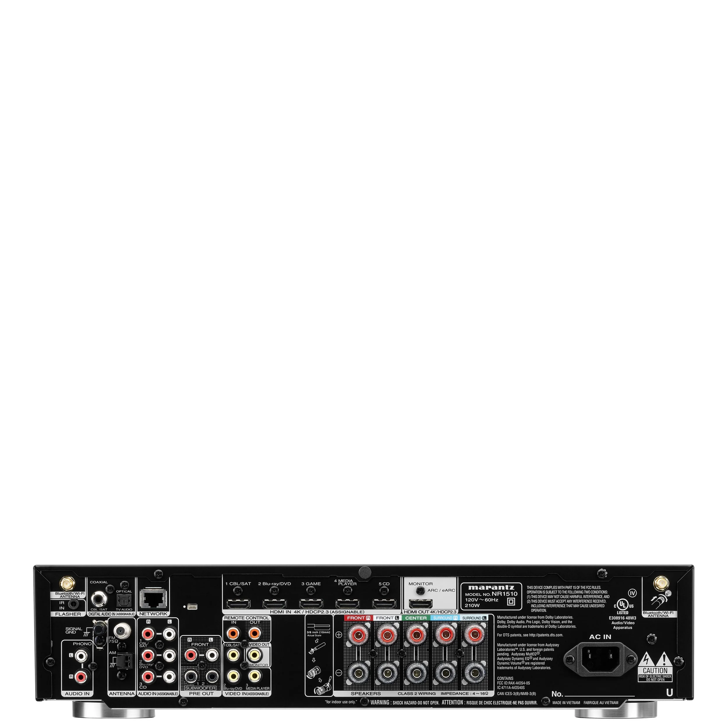 Back panel view of the Marantz NR1510 AV surround receiver showing HDMI, digital, analog, and speaker connections.