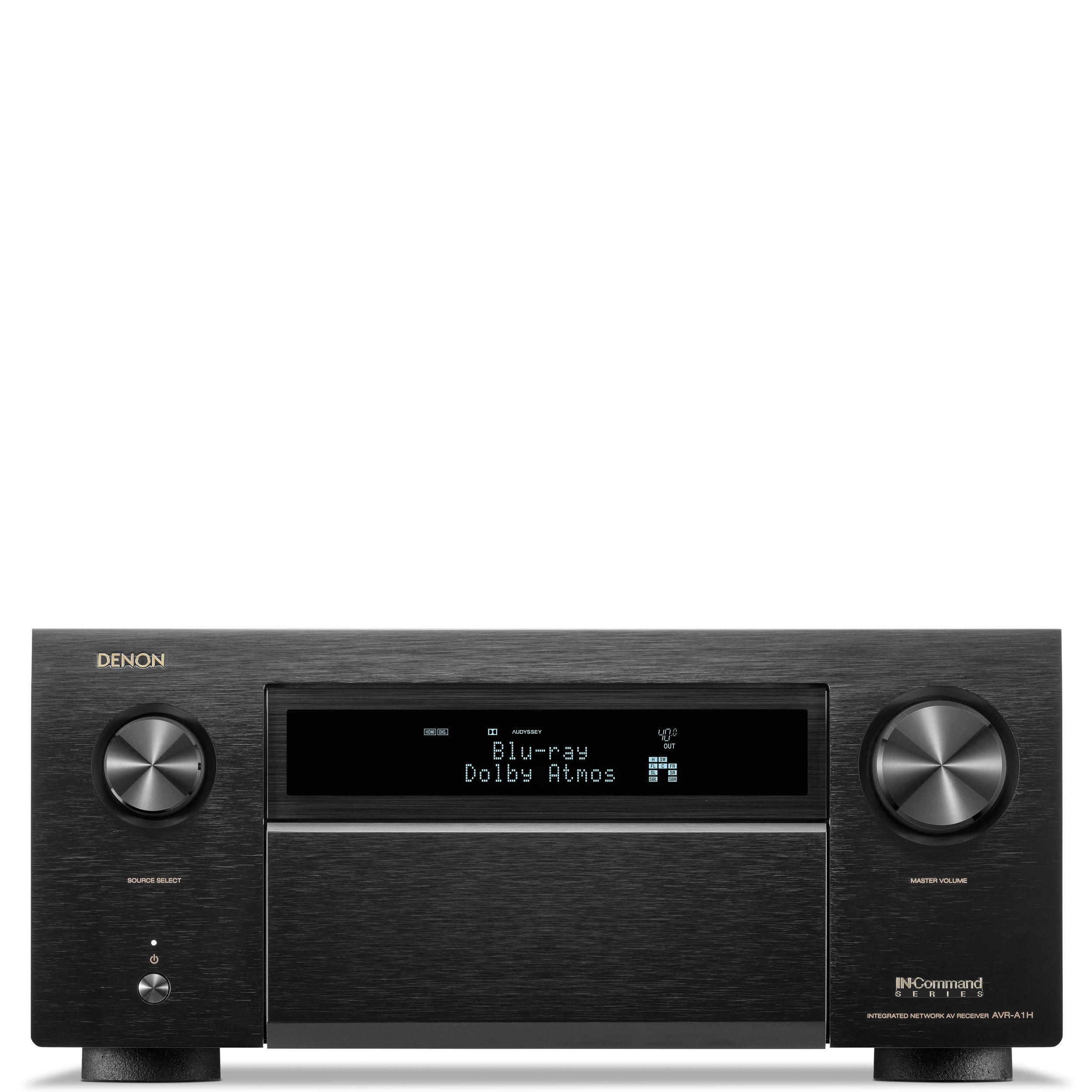 Front view of the Denon AVR-A1H AV surround receiver.