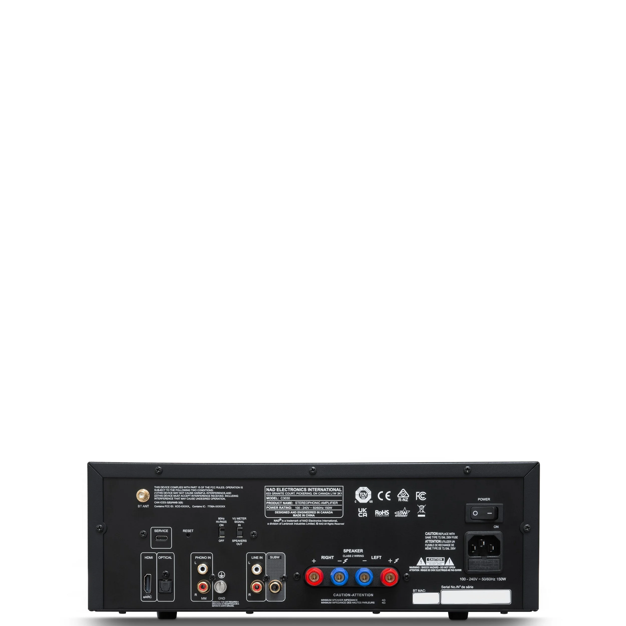 Back panel view of the NAD C 3030 integrated amplifier showing analog, digital, and speaker connections.