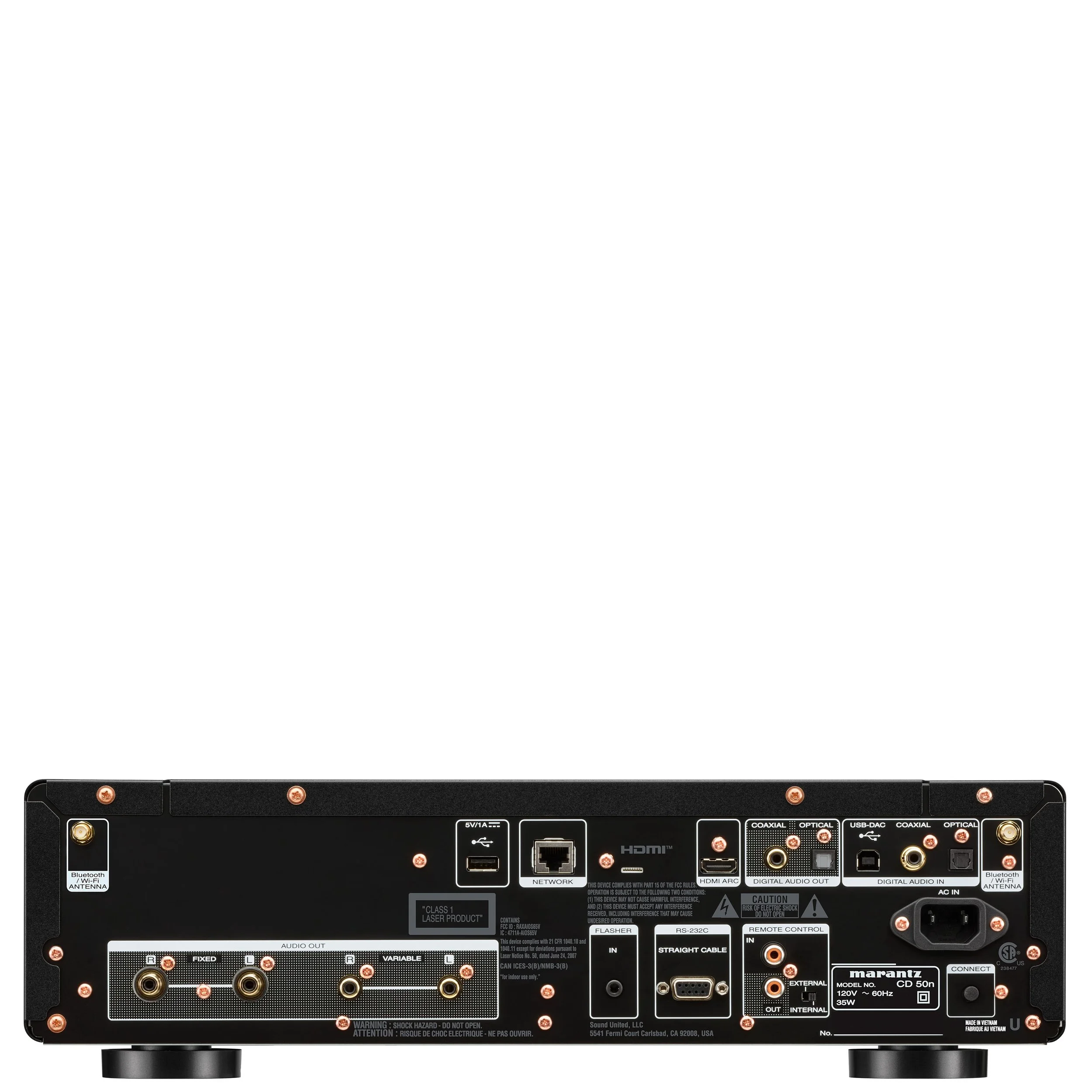 Back view of the Marantz CD 50n streaming CD player showing analog and digital outputs and inputs including HDMI.