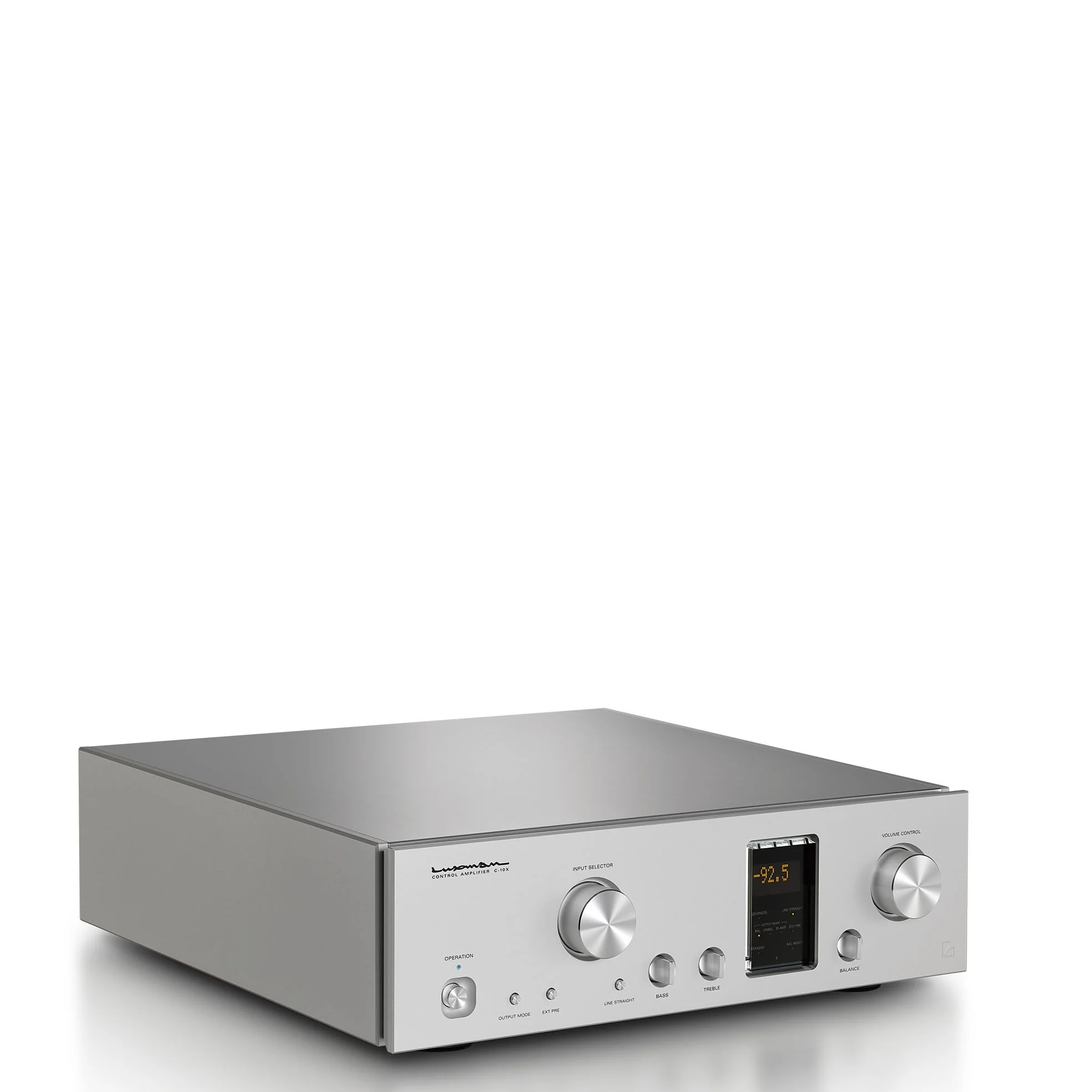 Angled view of the Luxman C-10X stereo preamplifier.