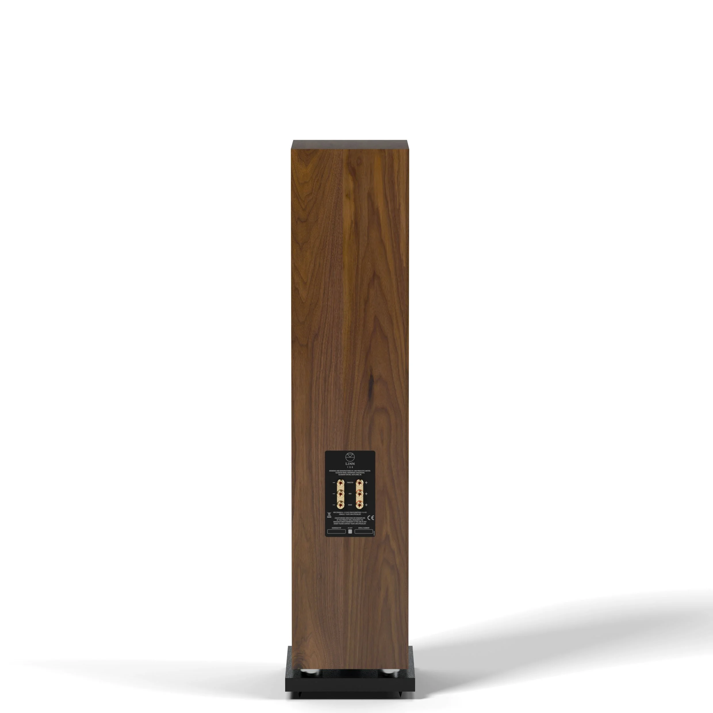 Back view of the Linn 150 floorstanding speaker showing tri-wire speaker connectors.