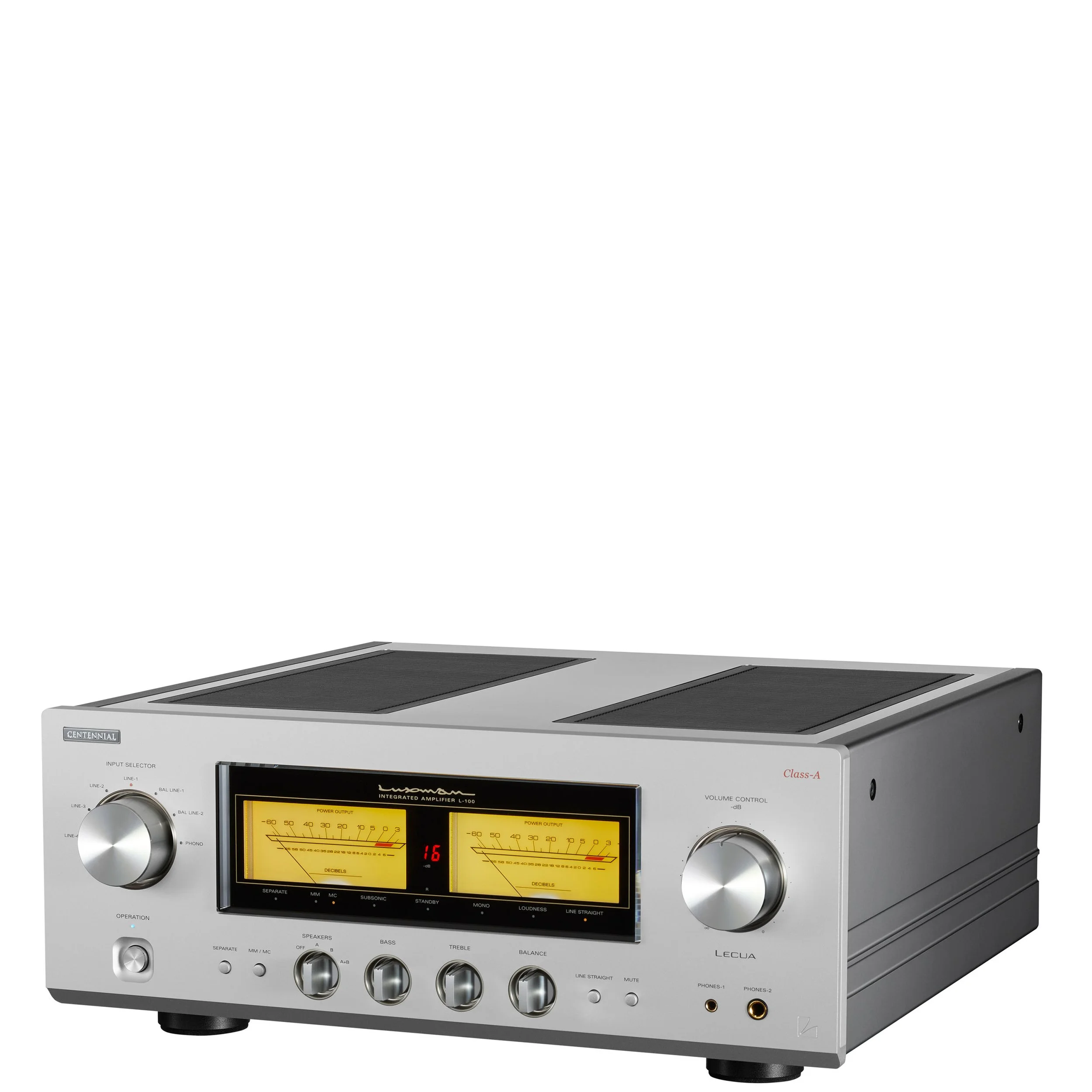 Angled view of the Luxman L-100 Centennial Class A integrated amplifier.