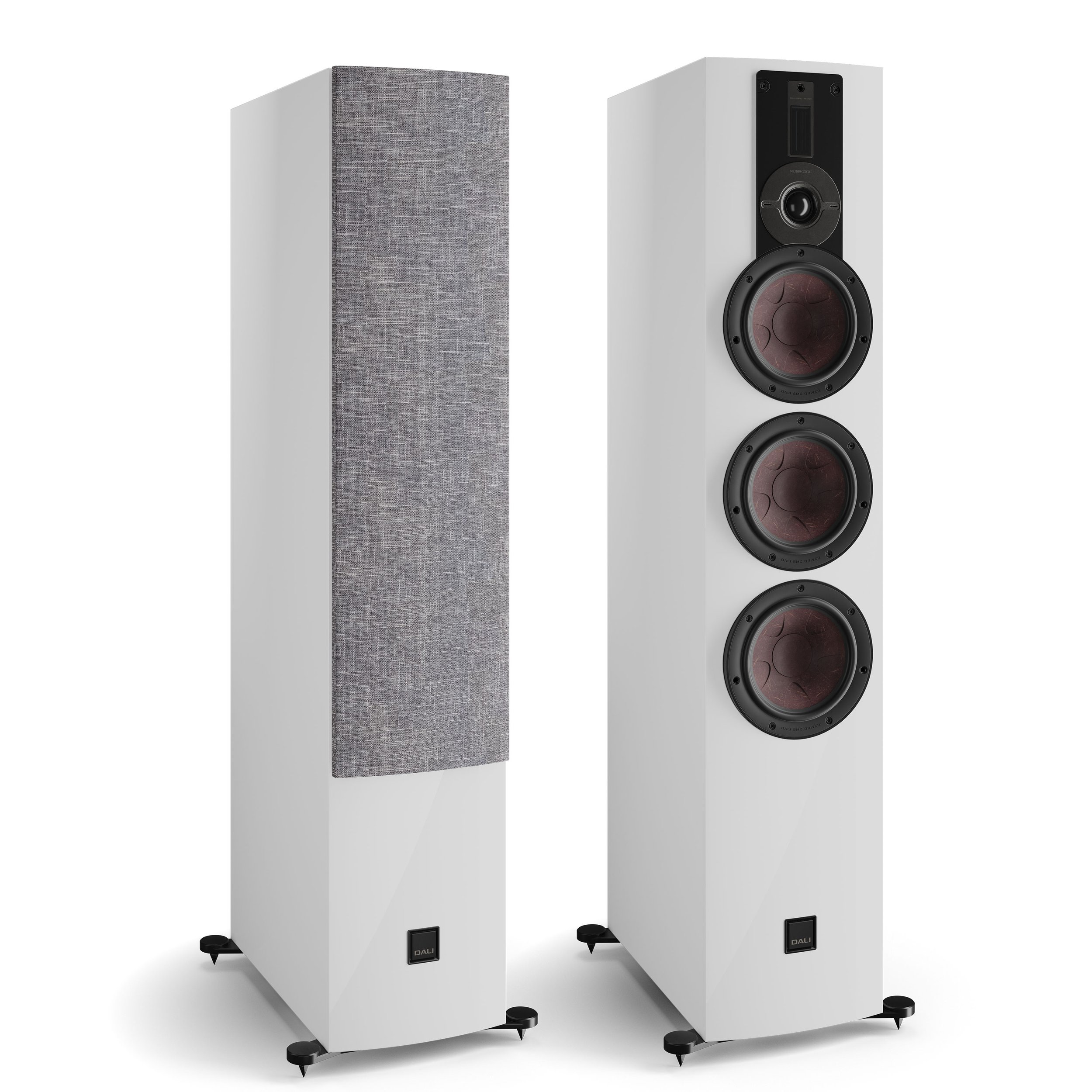DALI Rubikore 8 floorstanding speakers shown in high gloss white.