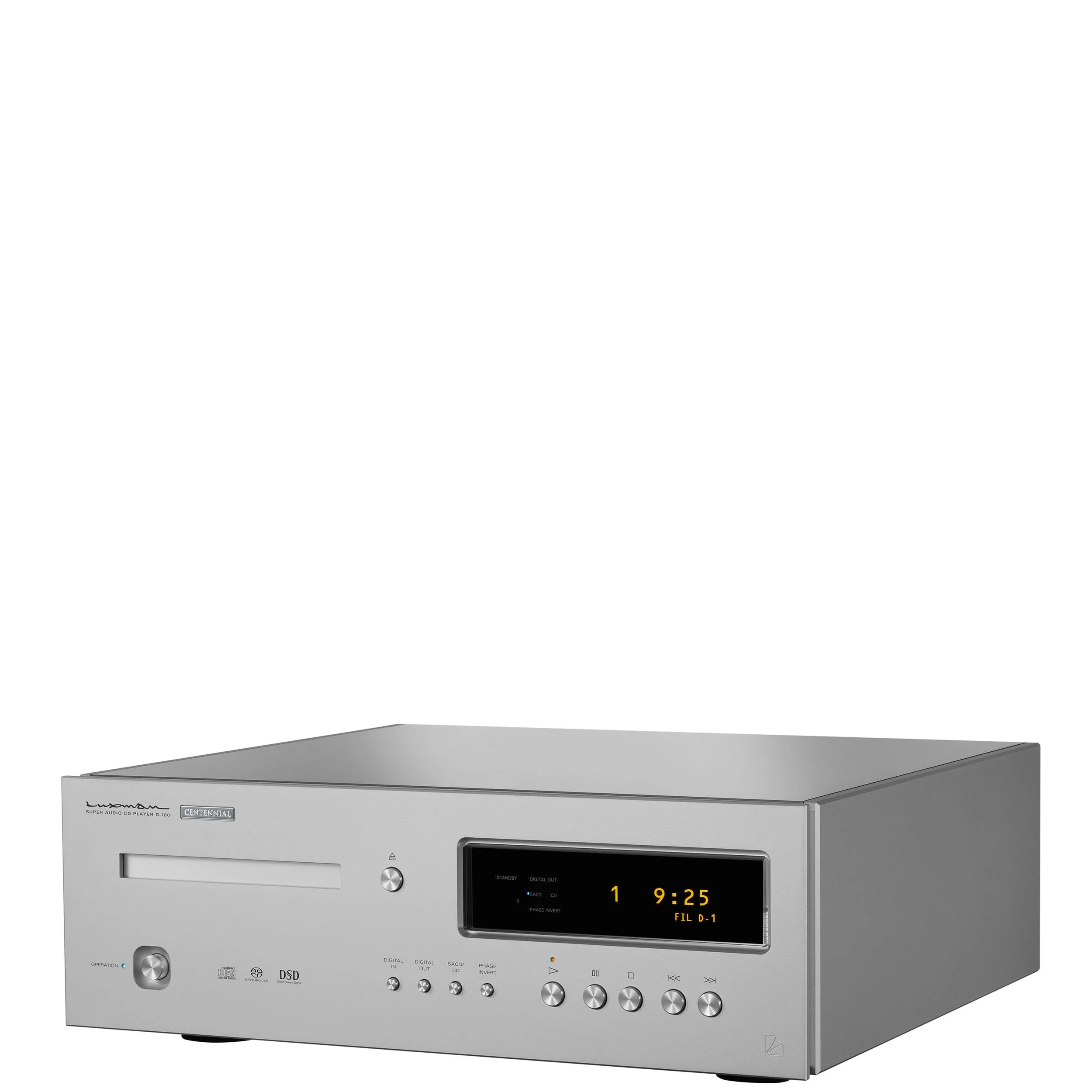 Angled view of the Luxman D-100 Centennial CD/SACD player.