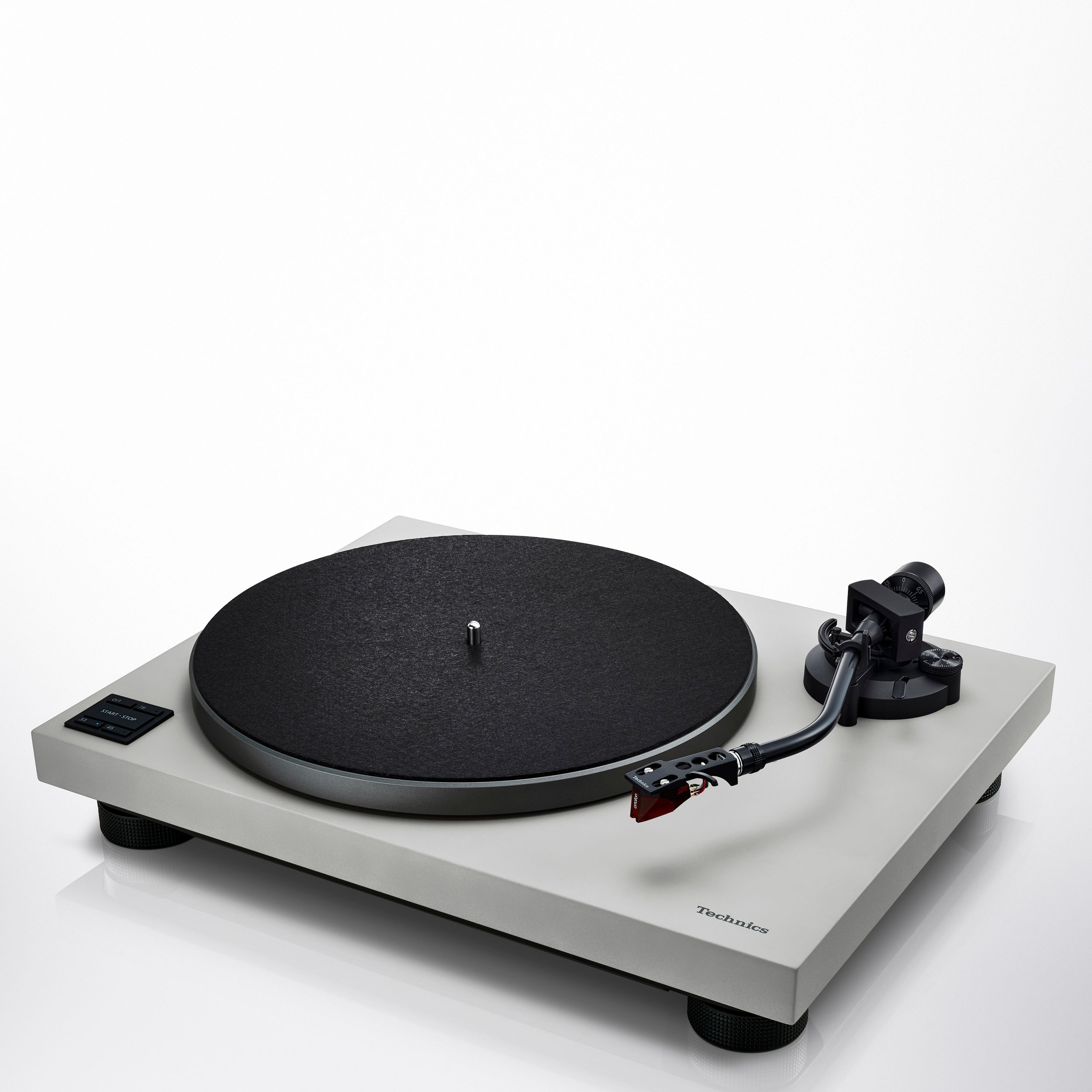 Angled view of the Technics SL-50C direct drive turntable shown in gray.