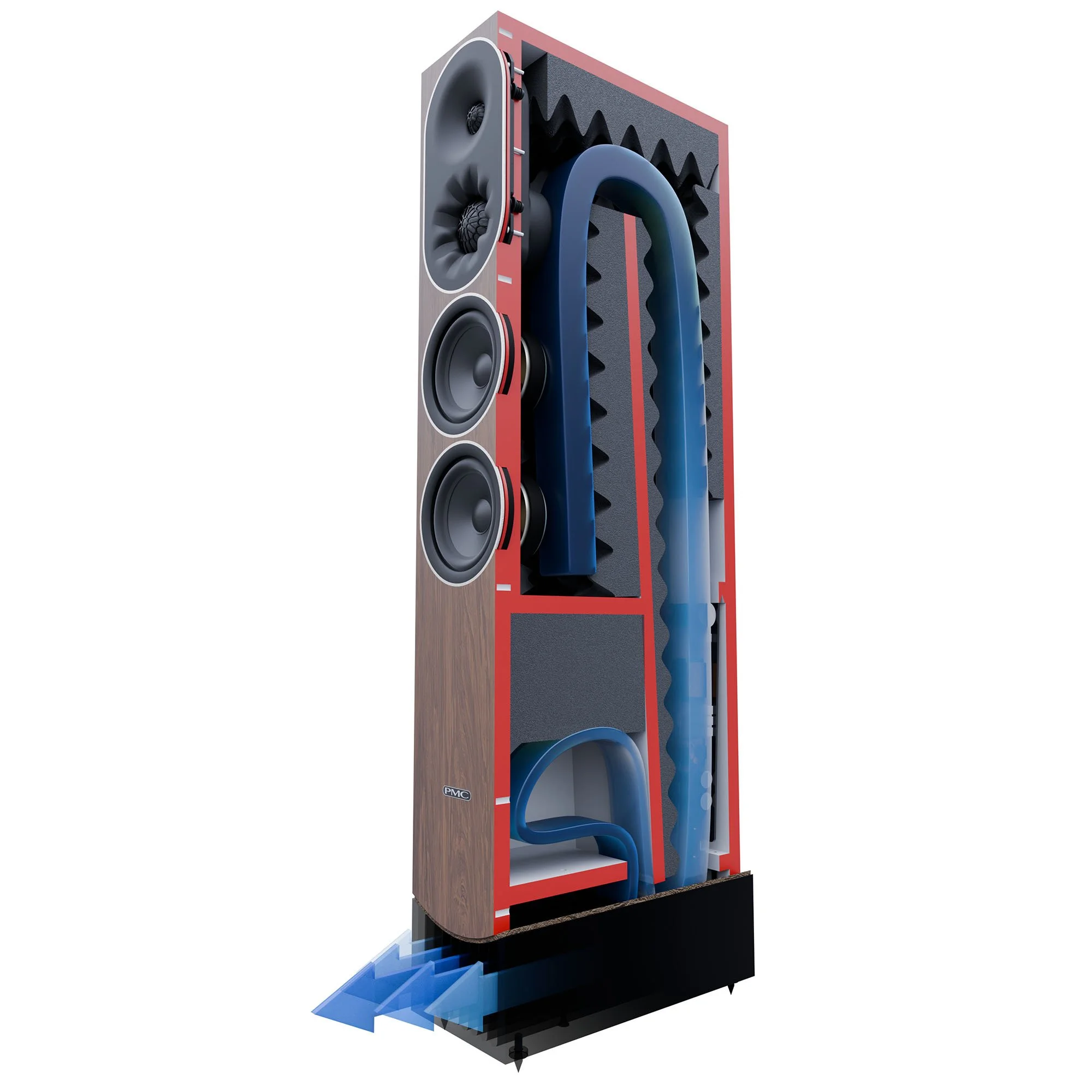 Cutaway of the PMC prophecy9 floorstanding speaker showing transmission line bass loading.