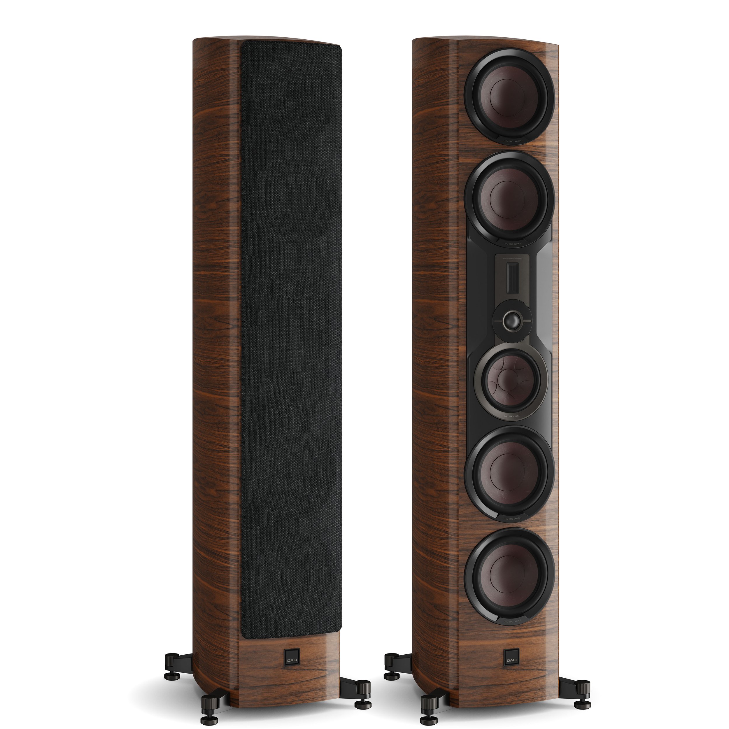DALI Epikore 11 floorstanding speaker shown in high gloss walnut.