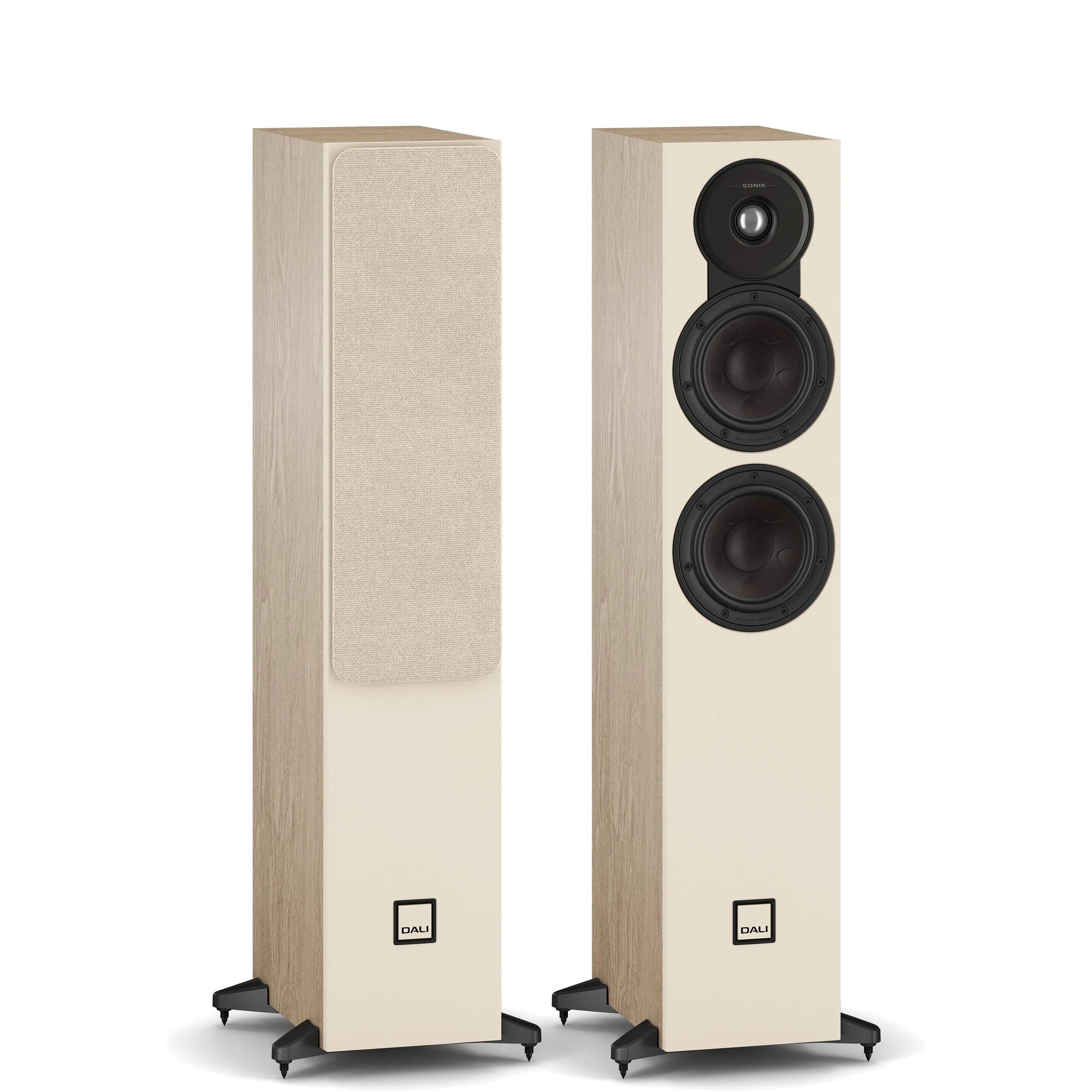 DALI Sonik 5 compact floorstanding speakers shown in natural oak.
