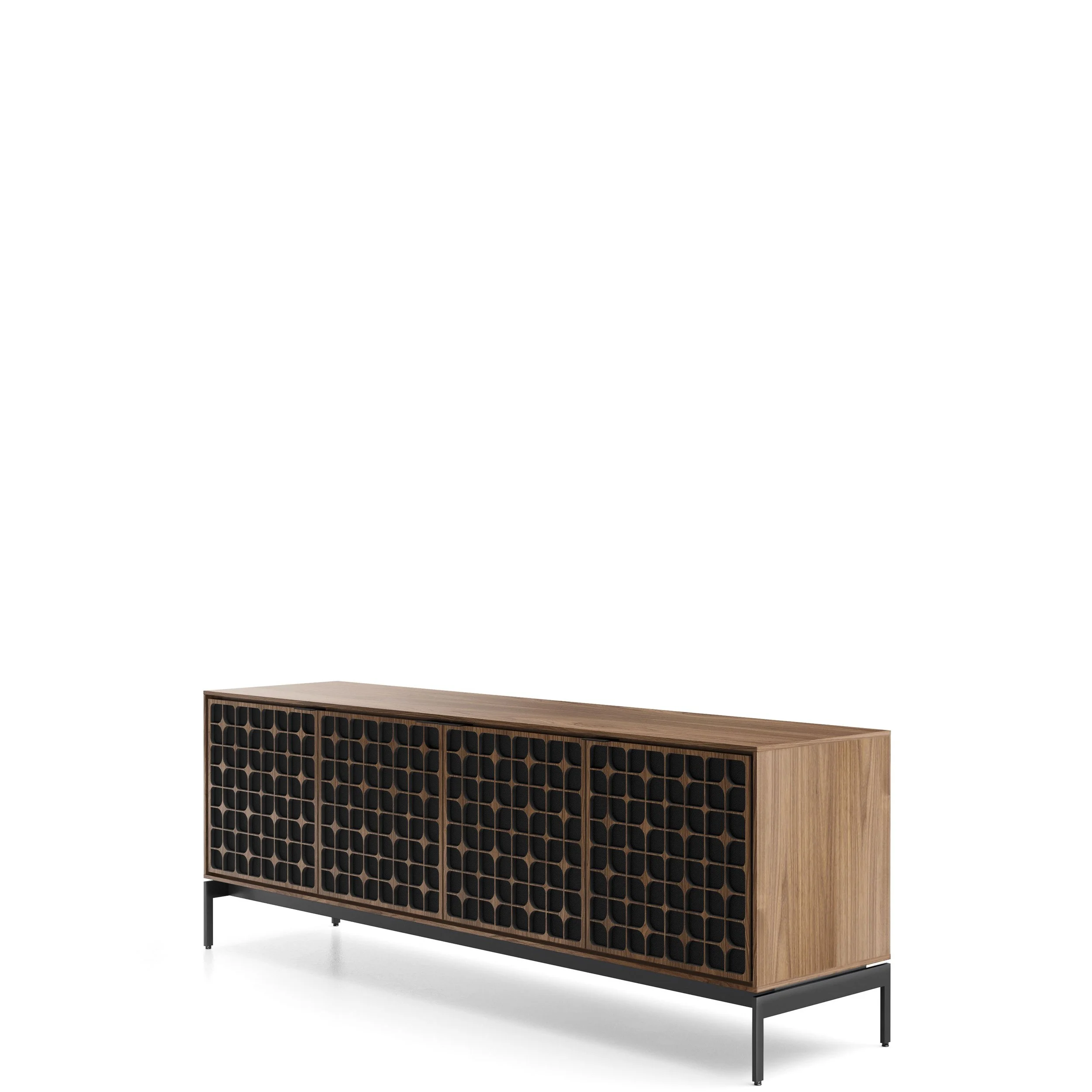 Angled view of the BDI Elements 8709-CS media console shown in natural walnut.