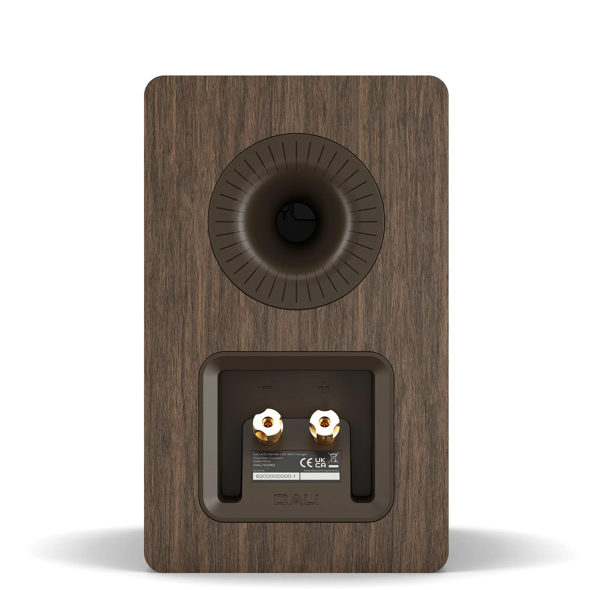 Back view of the DALI Kupid bookshelf speaker showing rear port and connectors.