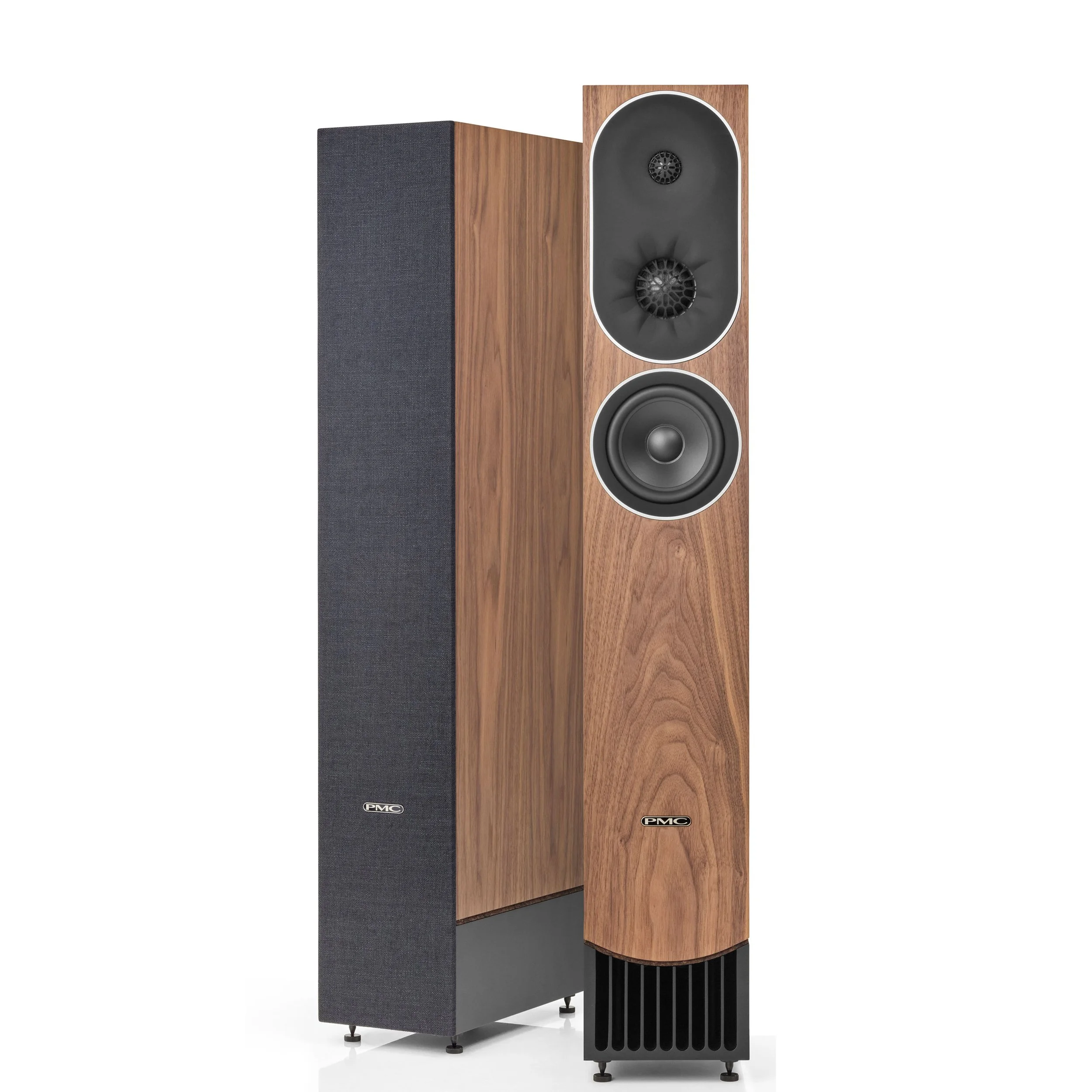 PMC prophecy7 floorstanding speakers shown in the Natural Walnut finish.