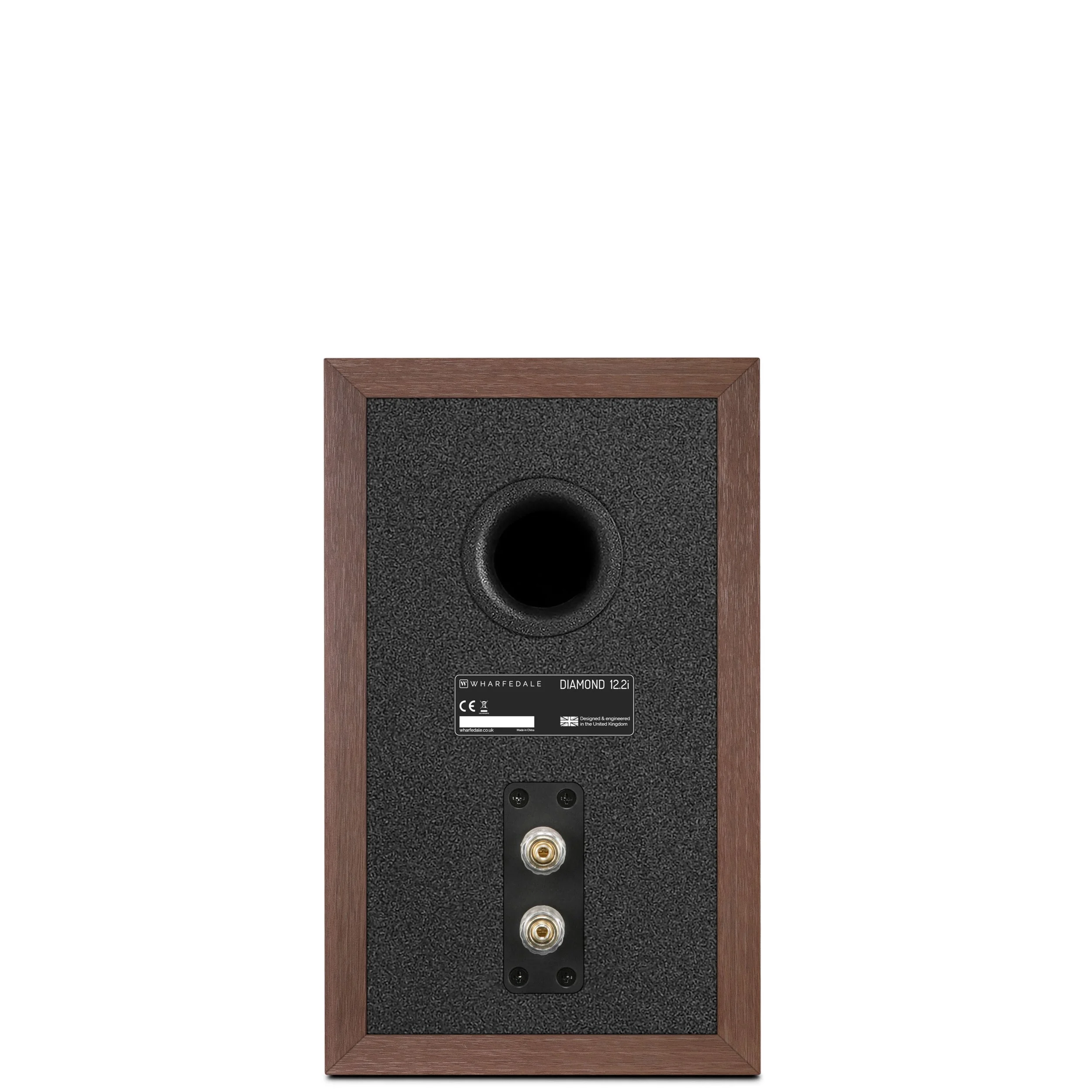 Back view of the Wharfedale Diamond 12.2i bookshelf speaker showing rear port and binding post connectors.