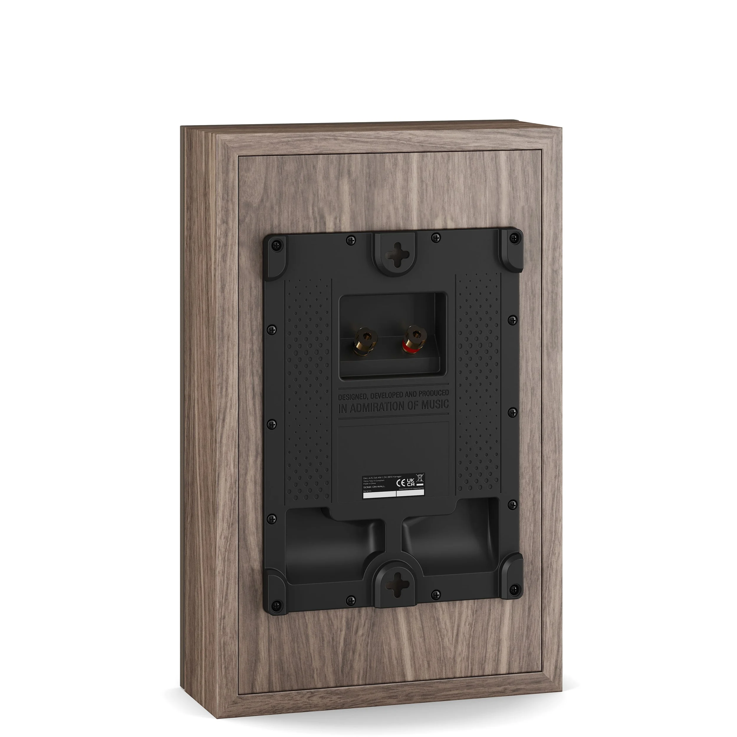 Back view of the DALI Sonik On-wall speaker showing connectors and wall mounting bracket.