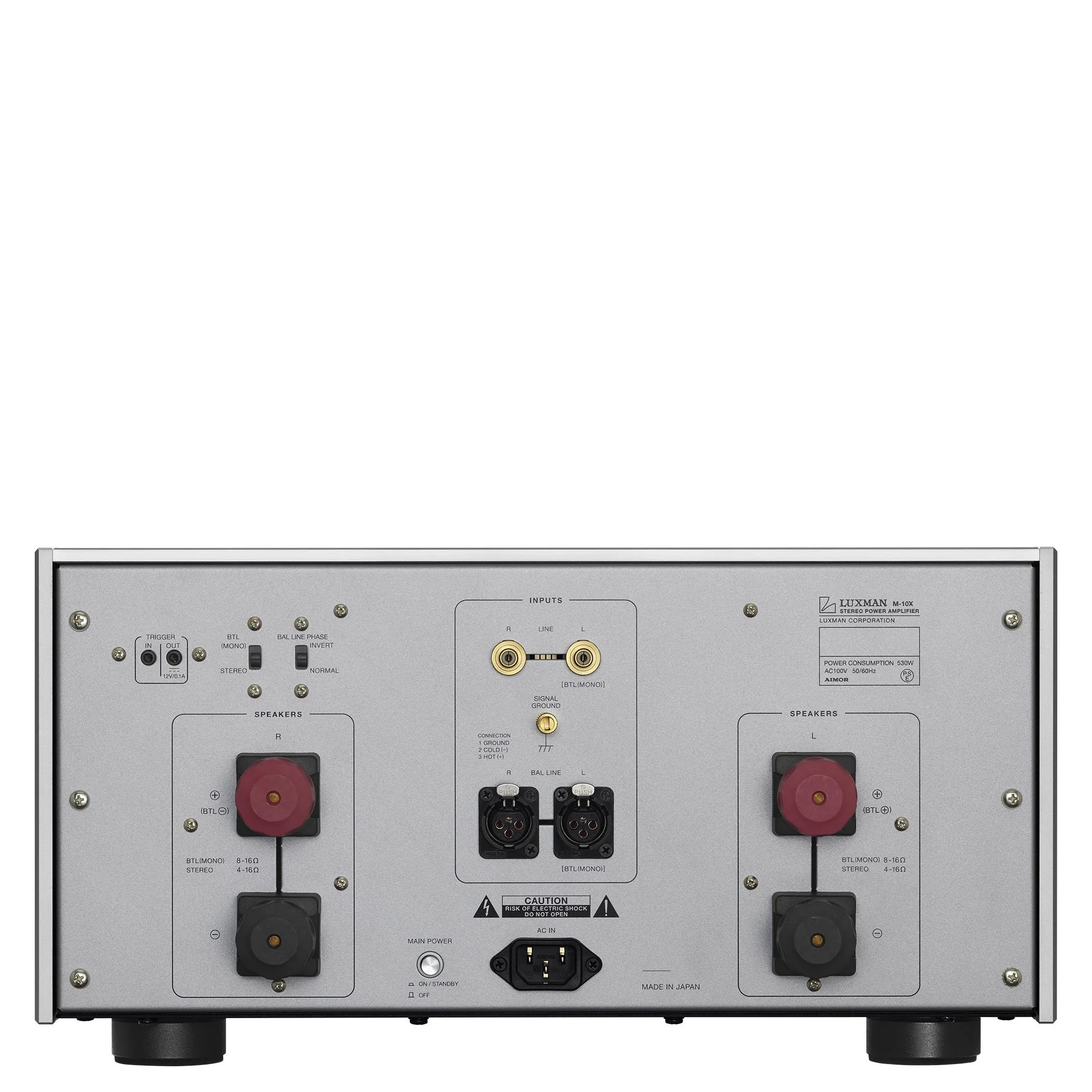 Back panel view of the Luxman M-10X showing RCA and XLR inputs and speaker connectors.